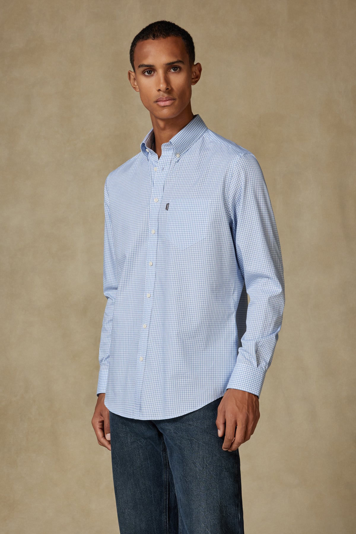 Abbate Aldo Poplin Pamuklu Comfort Fit Açık Mavi Düğmeli Yaka Erkek Kareli Gömlek