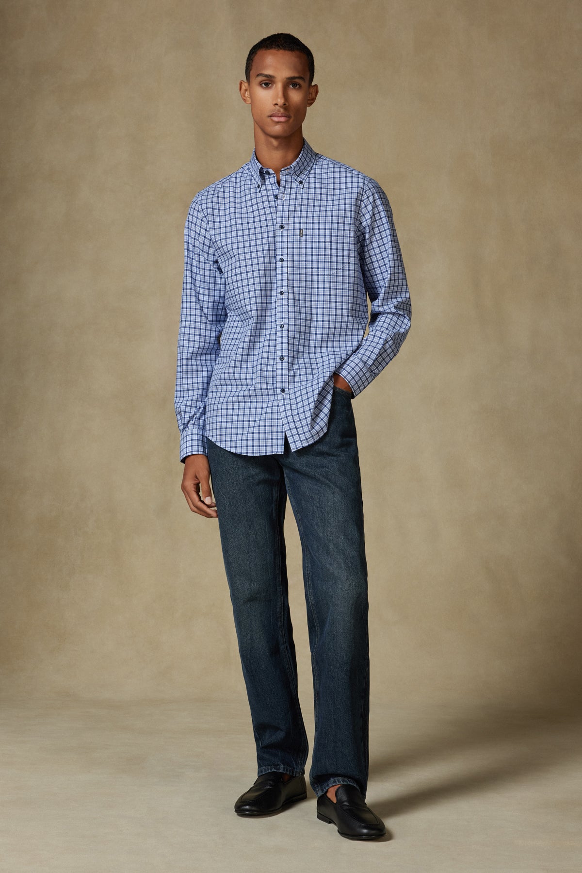 Abbate Aldo Poplin Pamuklu Comfort Fit Lacivert Düğmeli Yaka Erkek Kareli Gömlek