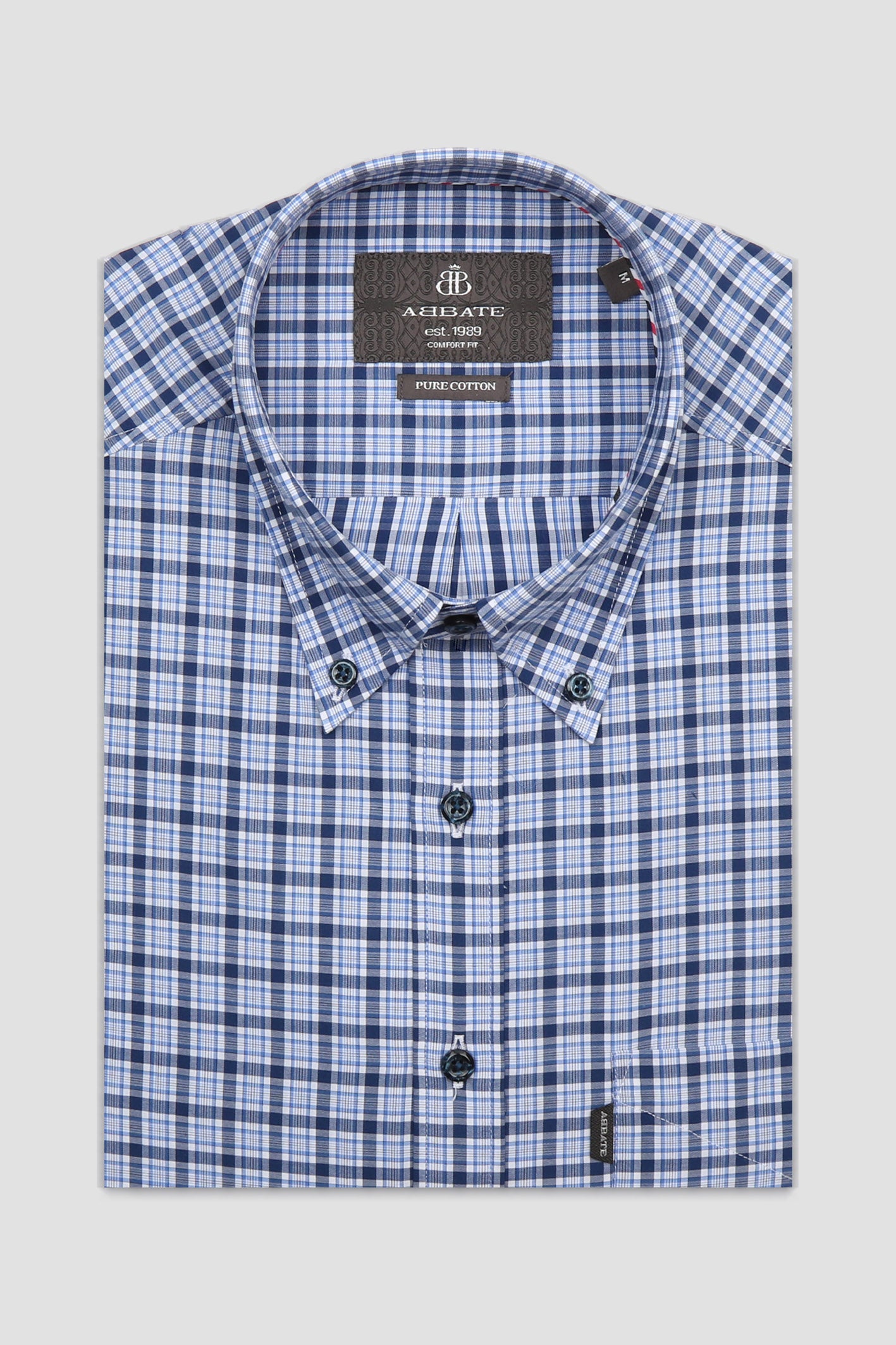 Abbate Aldo Poplin Pamuklu Comfort Fit Lacivert Düğmeli Yaka Erkek Kareli Gömlek