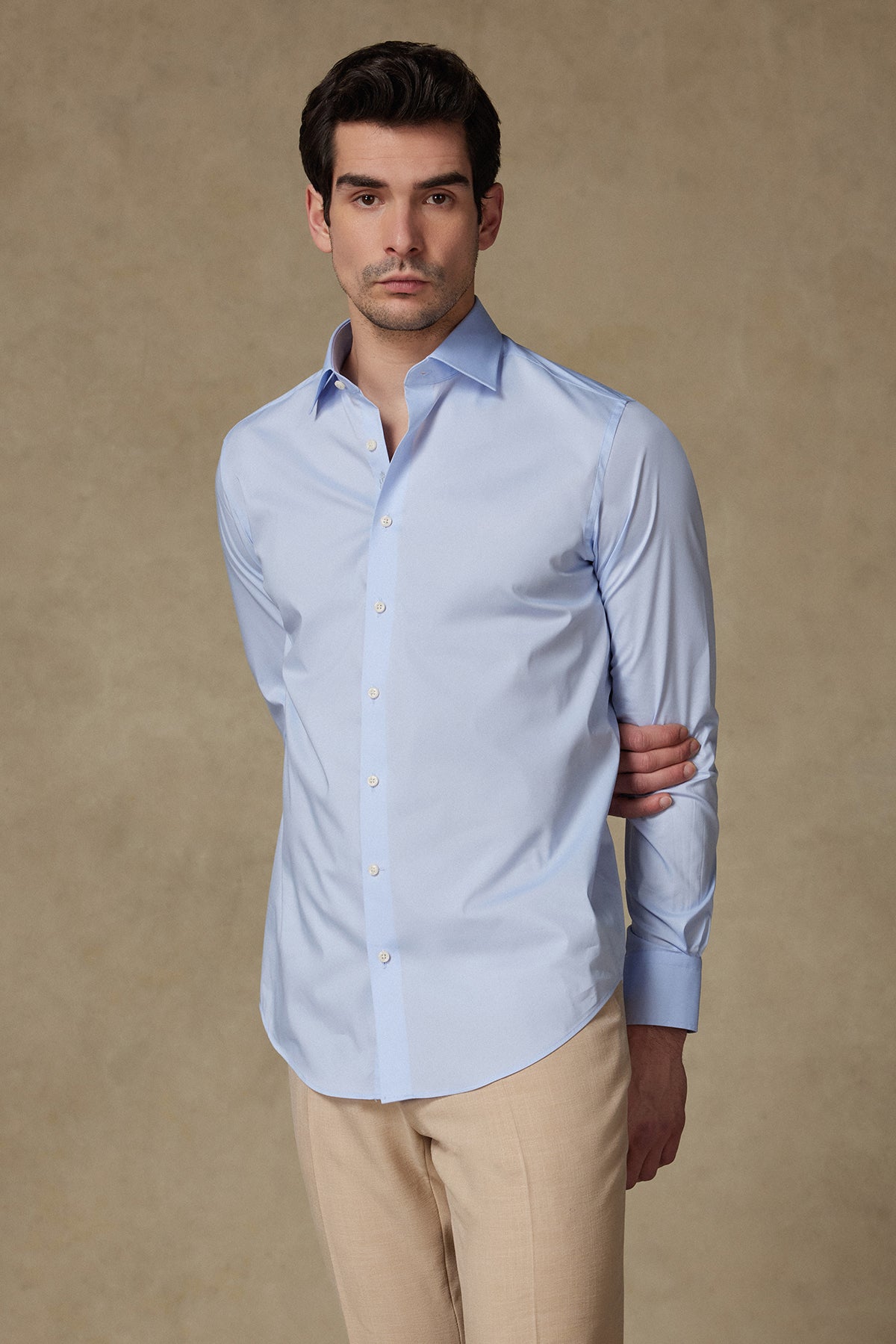 Abbate Enzo Poplin Stretch Pamuk Karışımlı Slim Fit Açık Mavi Klasik Yaka Erkek Düz Gömlek