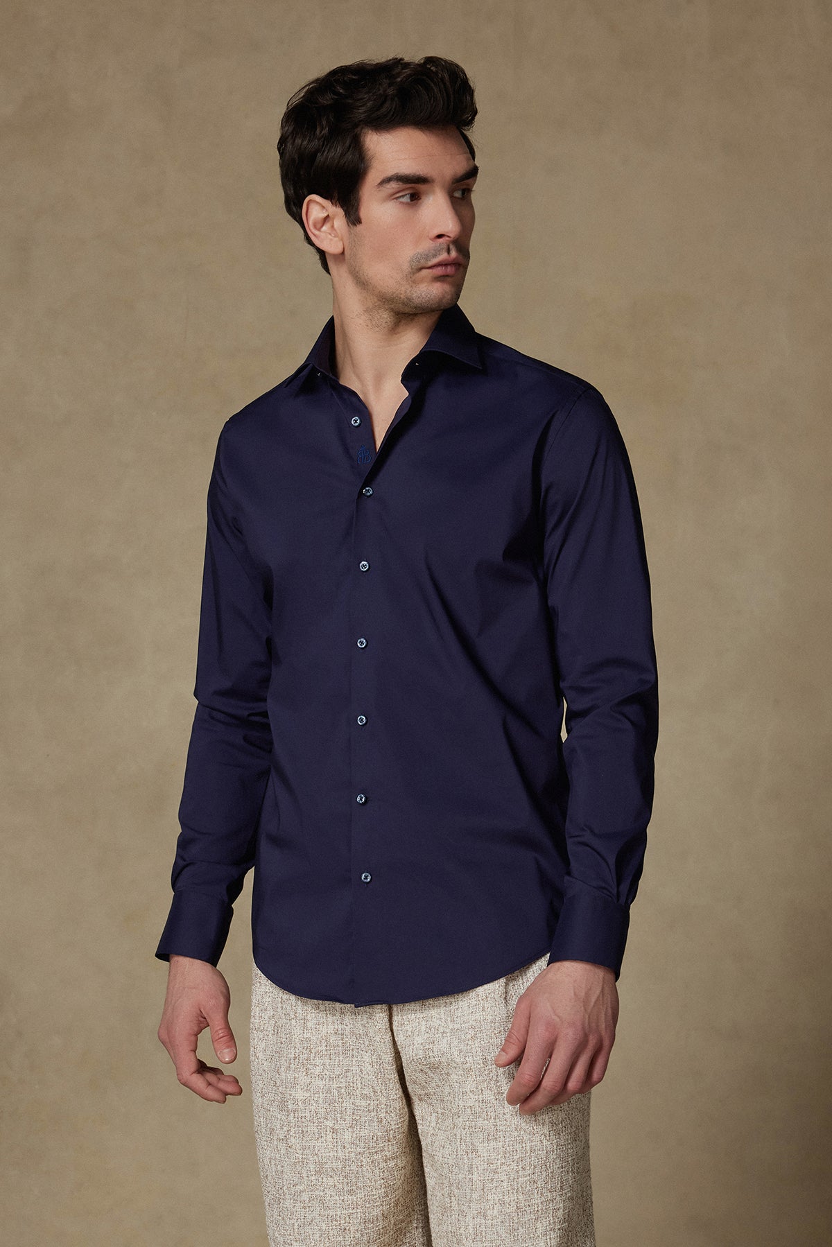 Abbate Enzo Poplin Stretch Pamuk Karışımlı Slim Fit Lacivert Klasik Yaka Erkek Düz Gömlek