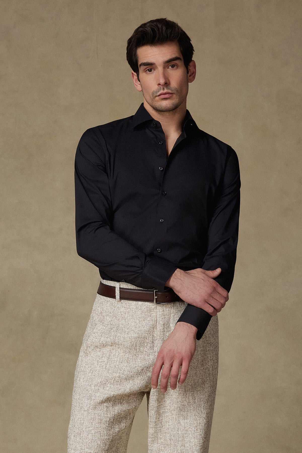 Abbate Enzo Poplin Stretch Pamuk Karışımlı Slim Fit Siyah Klasik Yaka Erkek Düz Gömlek