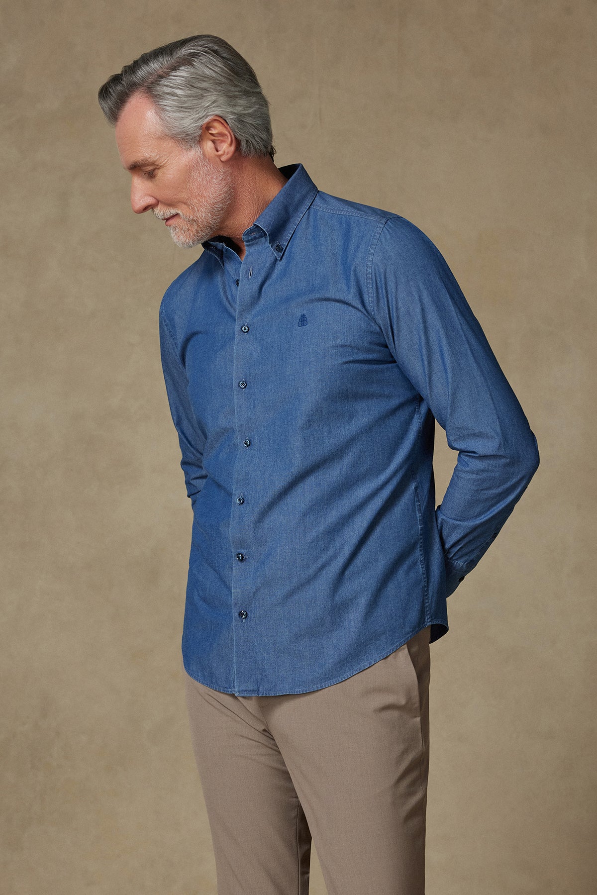 Abbate Carlo Denim Pamuklu Slim Fit Koyu Mavi Düğmeli Yaka Erkek Düz Gömlek