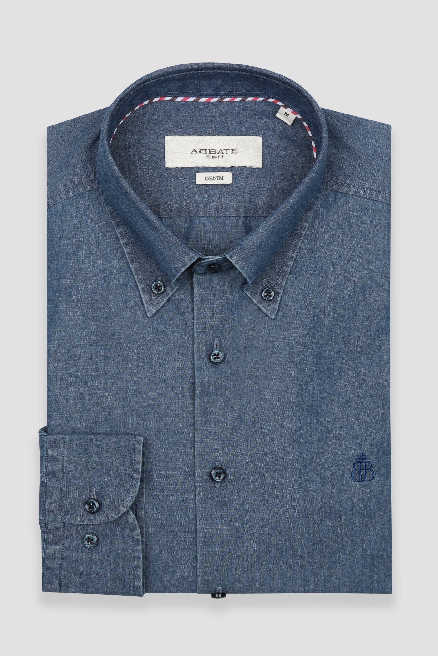 Abbate Carlo Denim Pamuklu Slim Fit Koyu Mavi Düğmeli Yaka Erkek Düz Gömlek