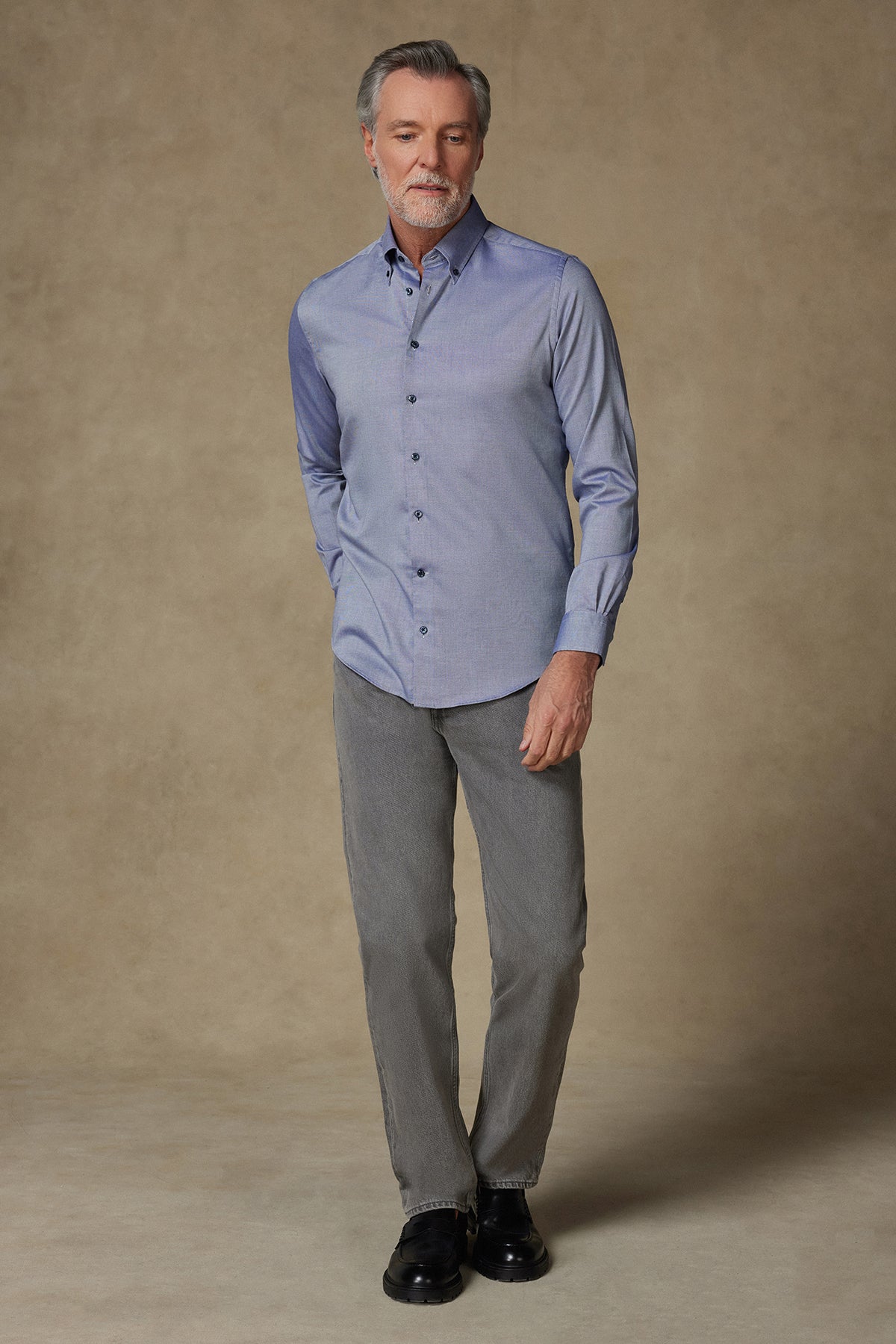 Abbate Carlo Royal Oxford Kolay Ütülenebilir %100 Pamuklu Slim Fit Mavi Düğmeli Yaka Erkek Düz Gömlek