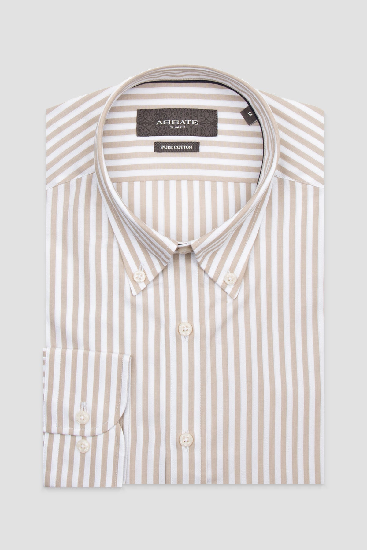 Abbate Carlo Twill %100 Pamuk Slim Fit Krem Düğmeli Yaka Erkek Çizgili Gömlek