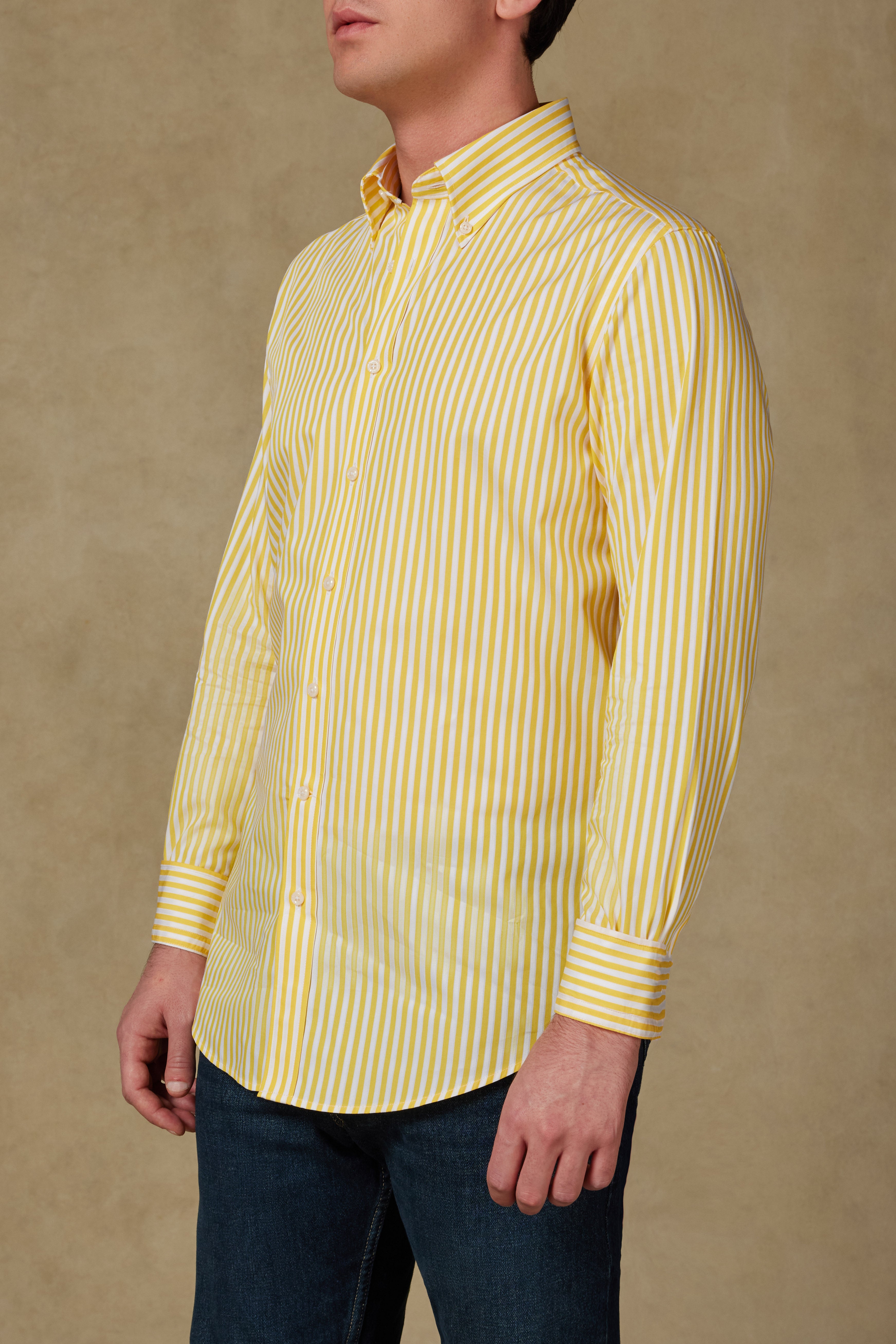 Abbate Carlo Twill Pamuklu Slim Fit Sarı Düğmeli Yaka Erkek Çizgili Gömlek