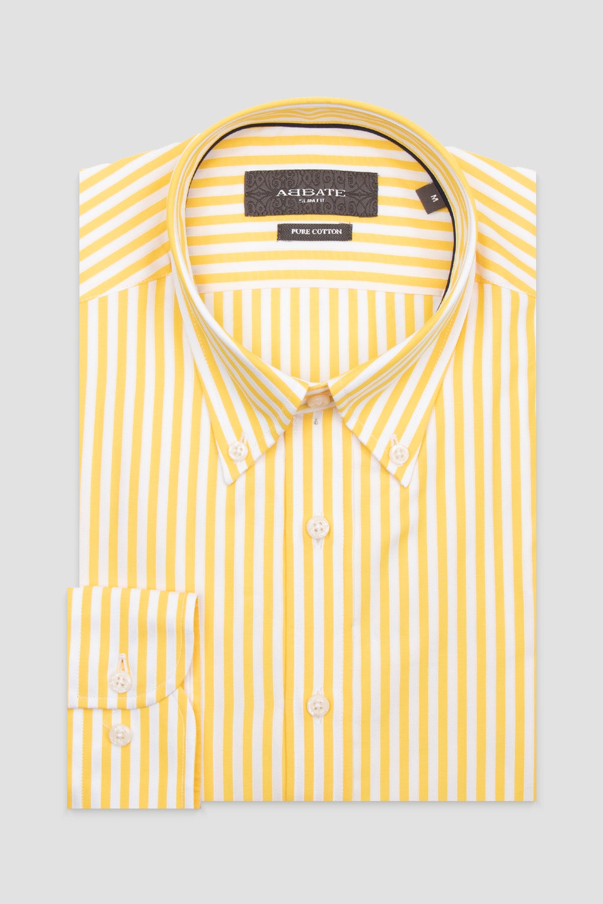 Abbate Carlo Twill %100 Pamuk Slim Fit Sarı Düğmeli Yaka Erkek Çizgili Gömlek