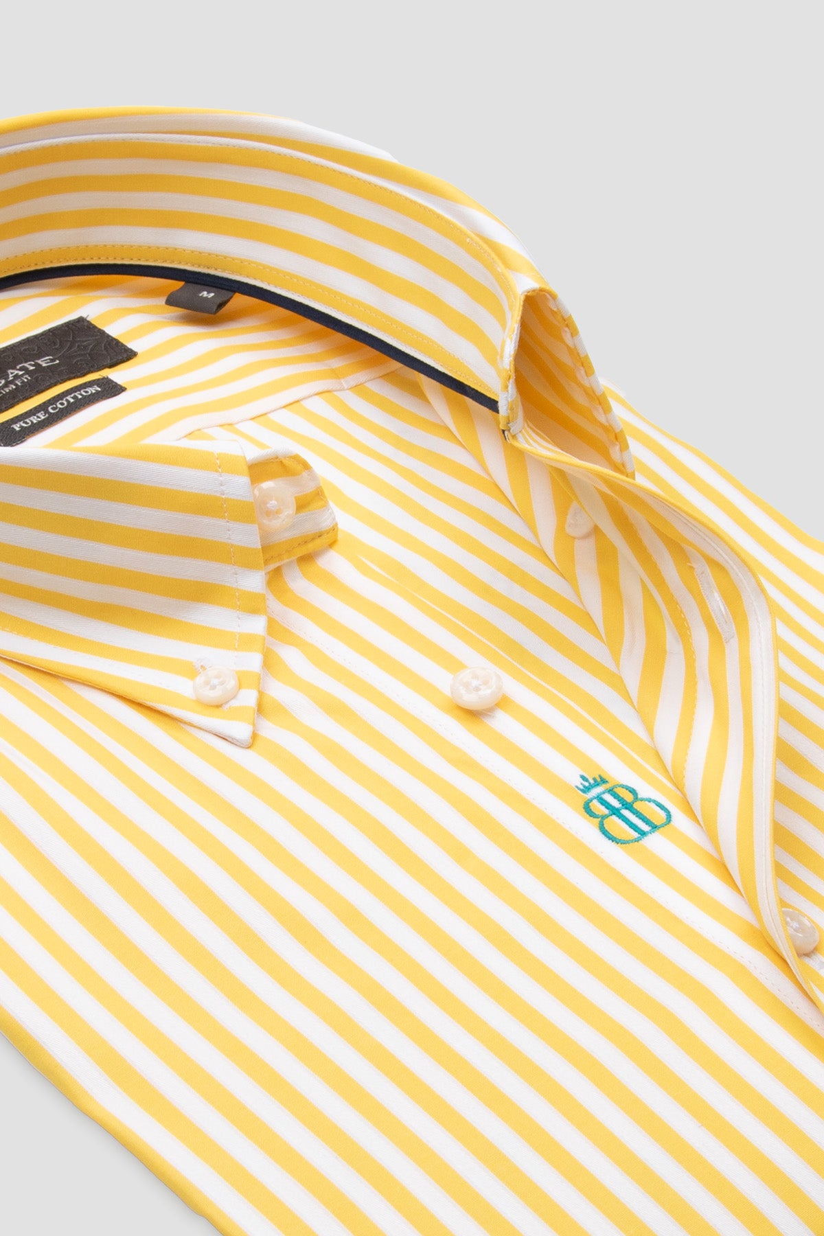 Abbate Carlo Twill %100 Pamuk Slim Fit Sarı Düğmeli Yaka Erkek Çizgili Gömlek