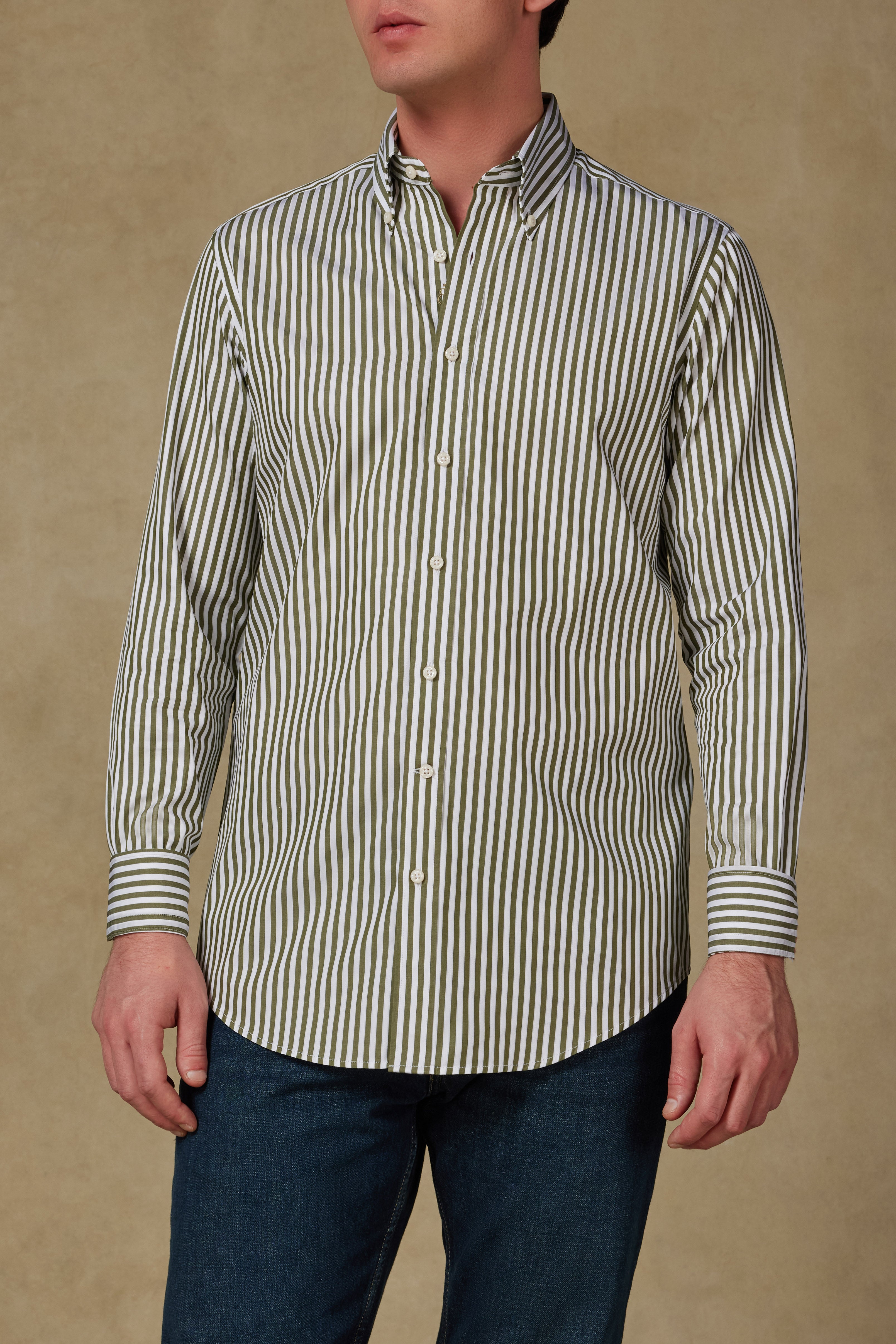 Abbate Carlo Twill Pamuklu Slim Fit Haki Düğmeli Yaka Erkek Çizgili Gömlek