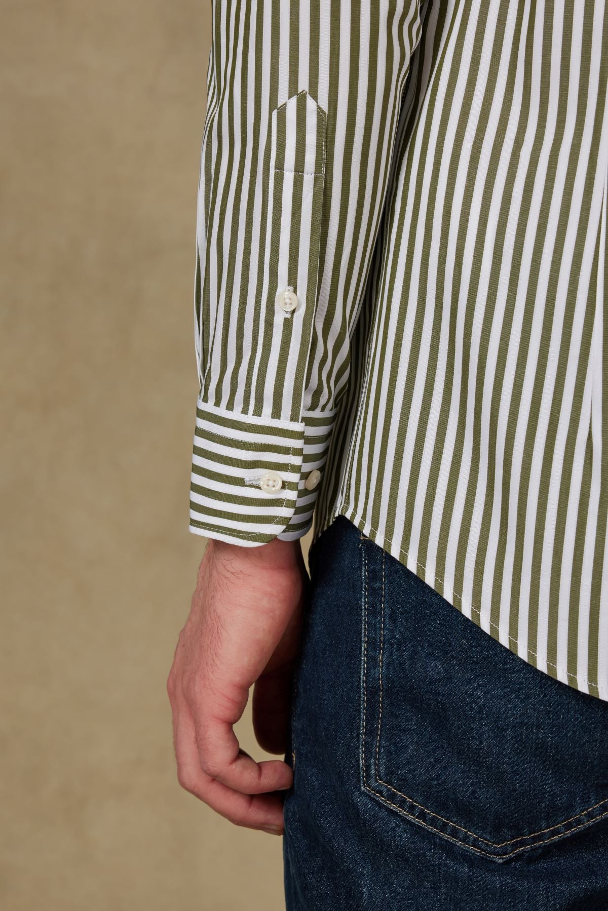 Abbate Carlo Twill Pamuklu Slim Fit Haki Düğmeli Yaka Erkek Çizgili Gömlek