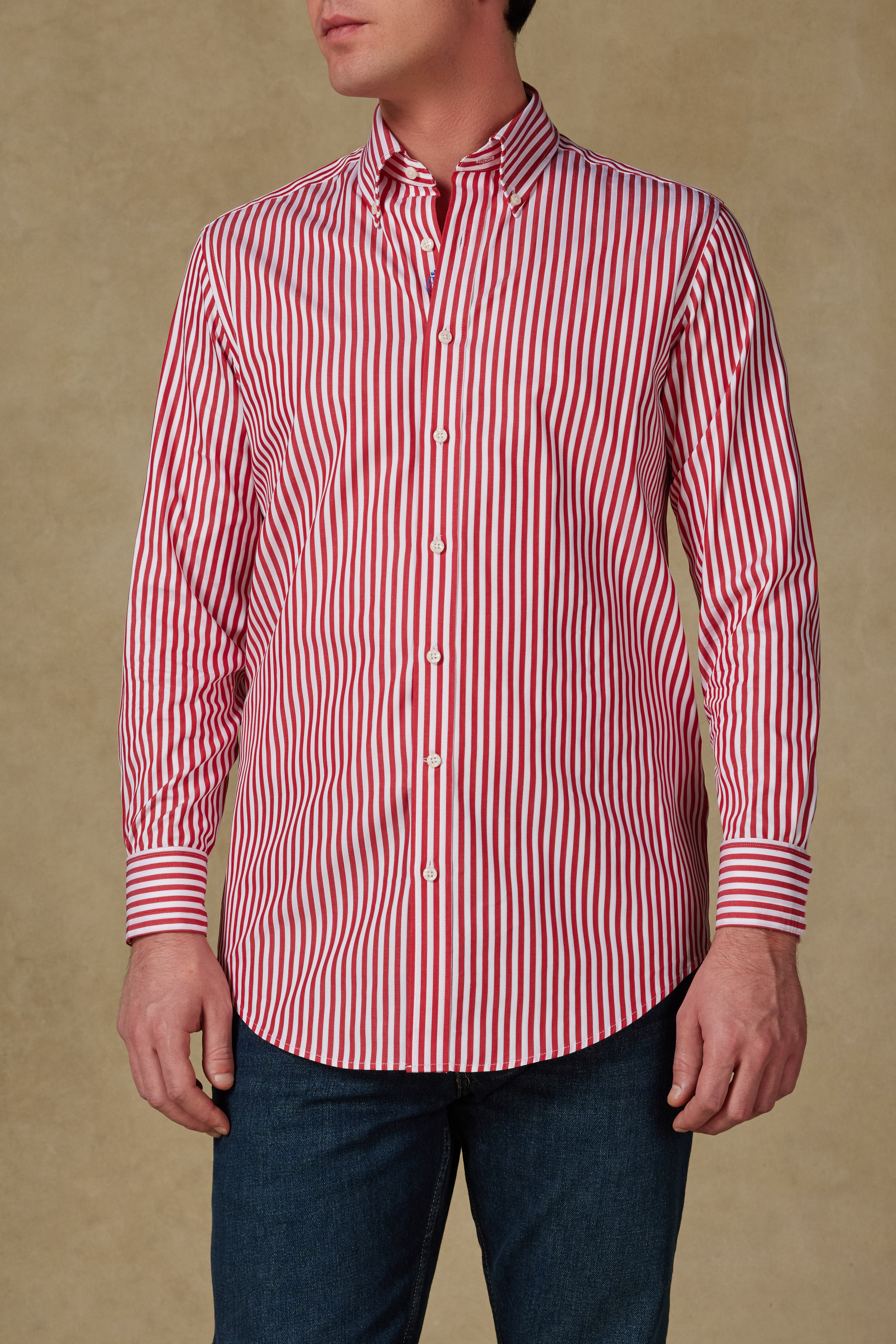 Abbate Carlo Twill Pamuklu Slim Fit Kırmızı Düğmeli Yaka Erkek Çizgili Gömlek
