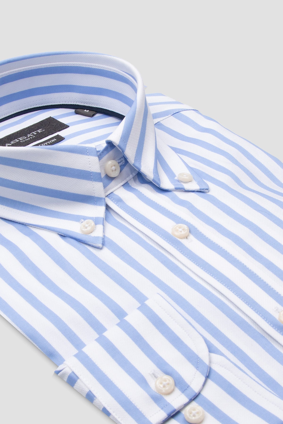 Abbate Carlo Twill %100 Pamuk Slim Fit Açık Mavi Düğmeli Yaka Erkek Çizgili Gömlek