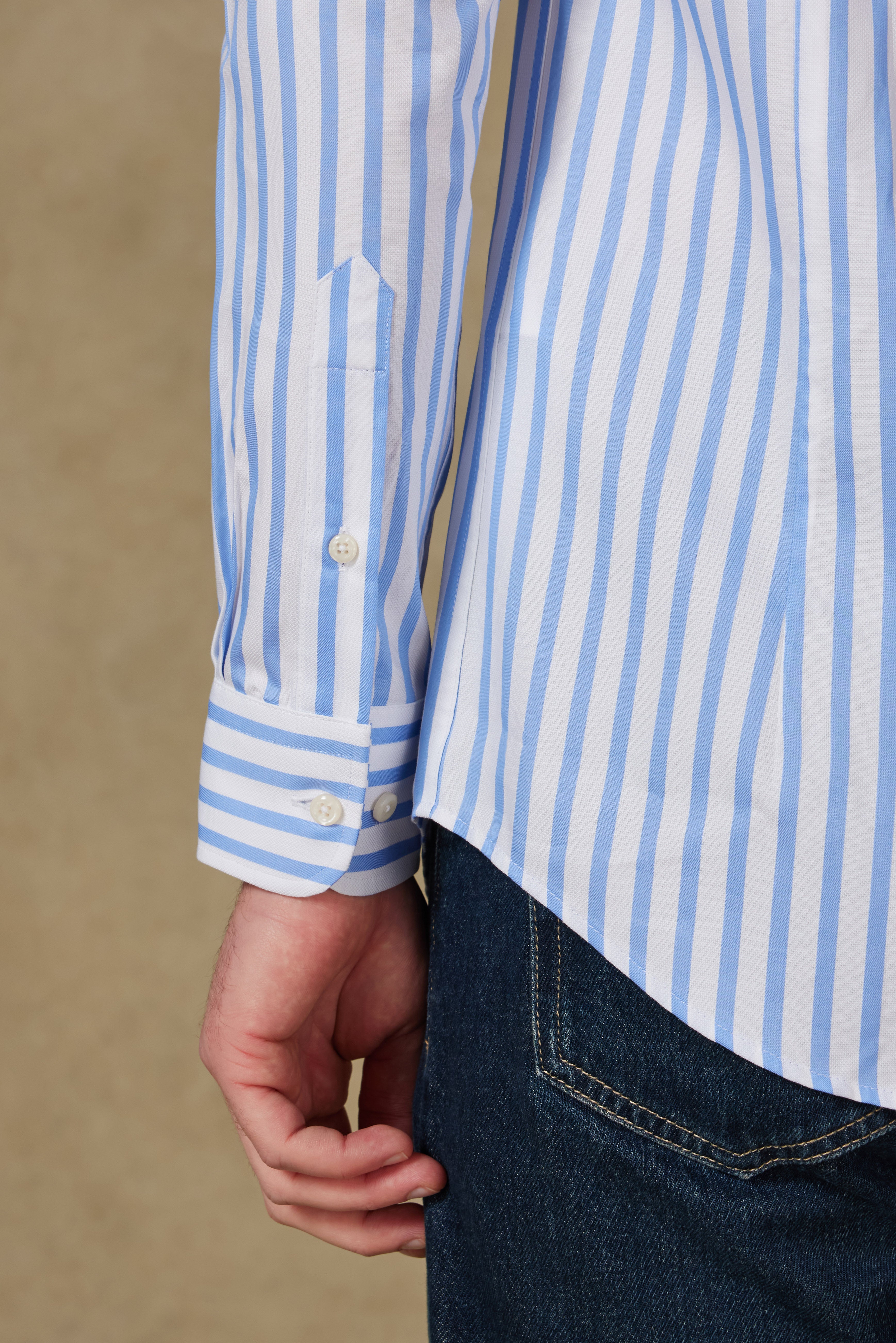 Abbate Carlo Twill Pamuklu Slim Fit Açık Mavi Düğmeli Yaka Erkek Çizgili Gömlek