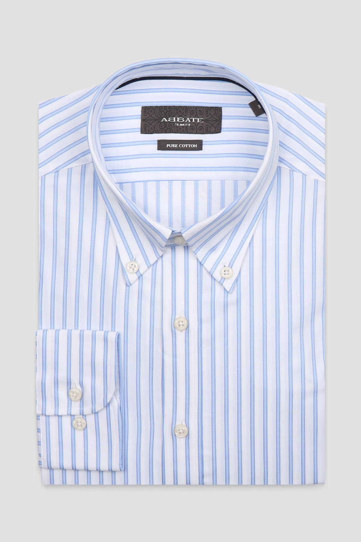 Abbate Carlo Twill %100 Pamuk Slim Fit Açık Mavi Düğmeli Yaka Erkek Çizgili Gömlek