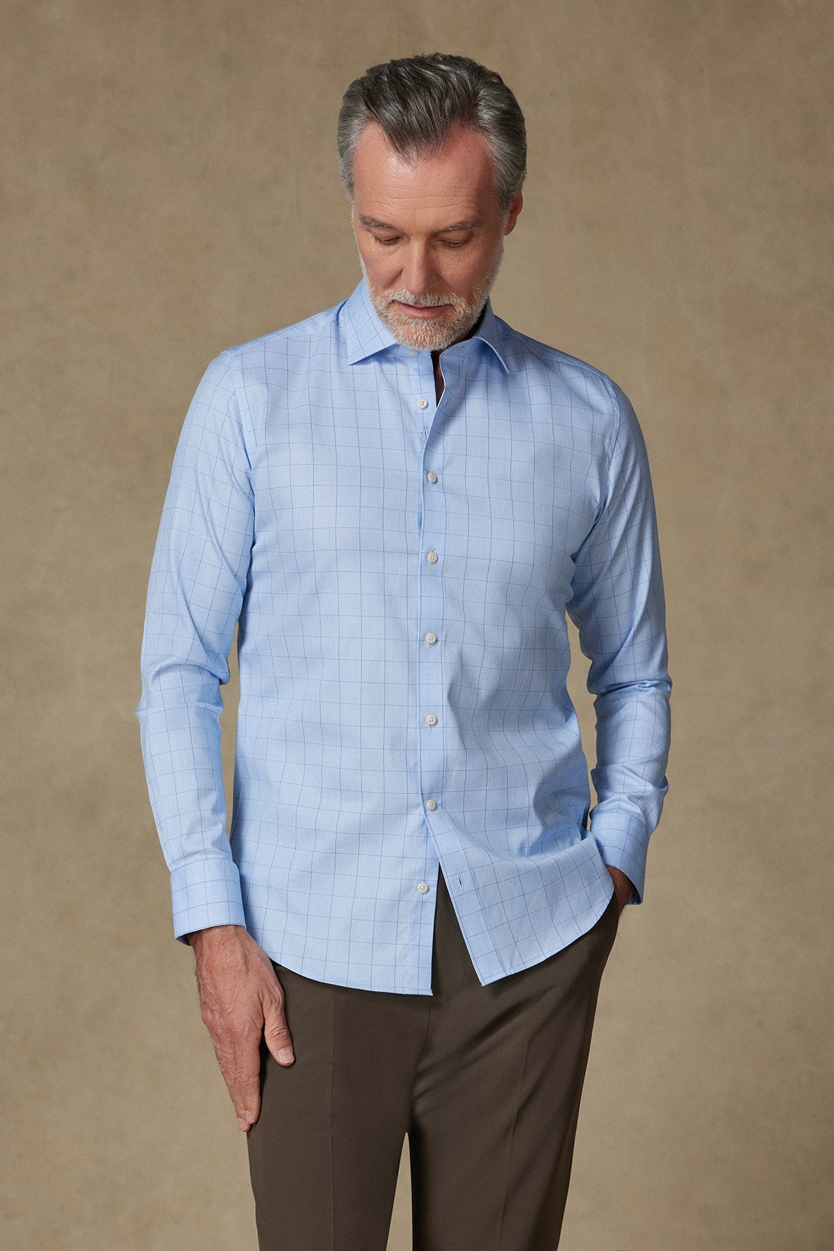 Abbate Donatello Poplin Pamuklu Slim Fit Açık Mavi Klasik Yaka Erkek Kareli Gömlek