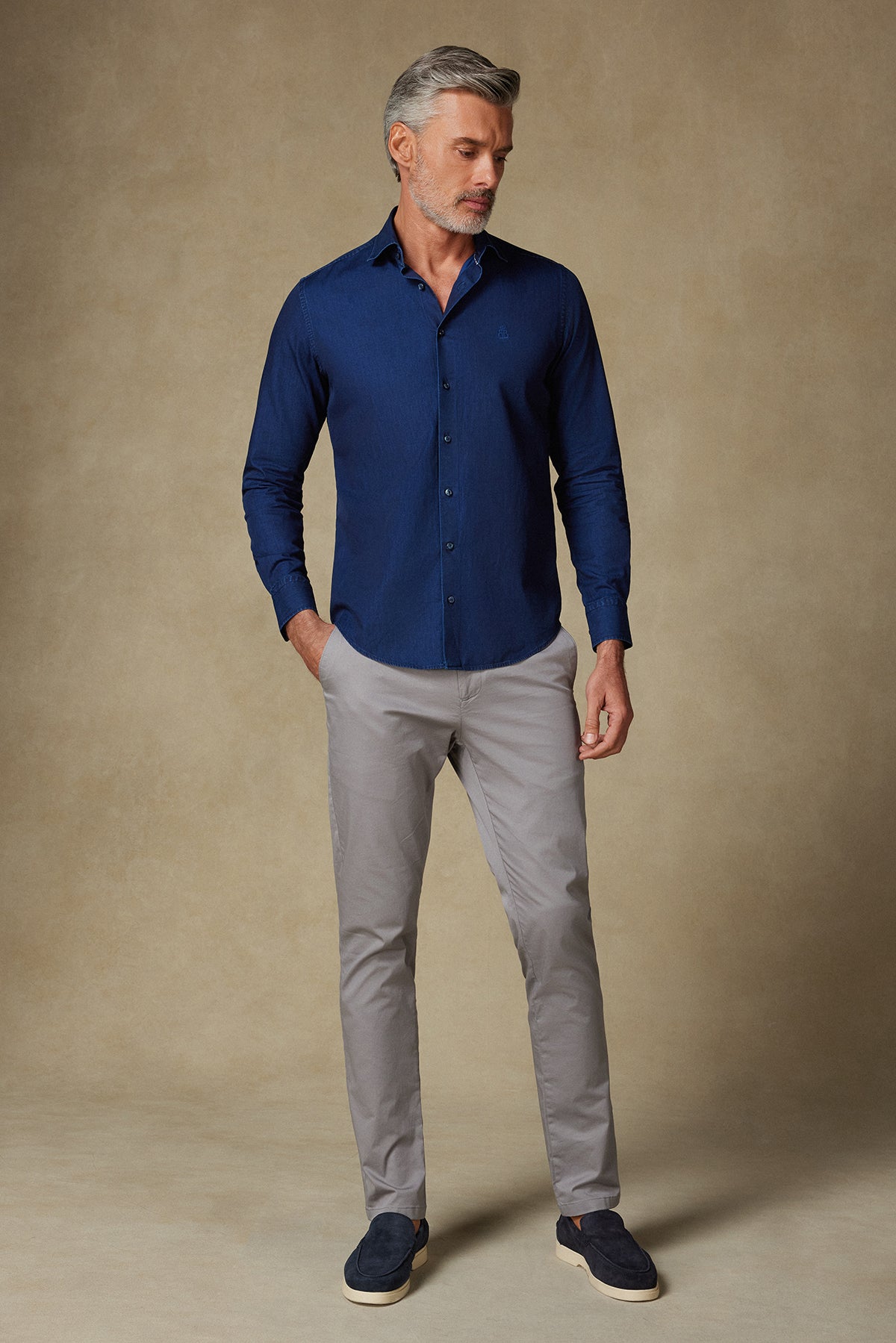 Abbate Donatello Denim Pamuklu Slim Fit Koyu Mavi Klasik Yaka Erkek Düz Gömlek