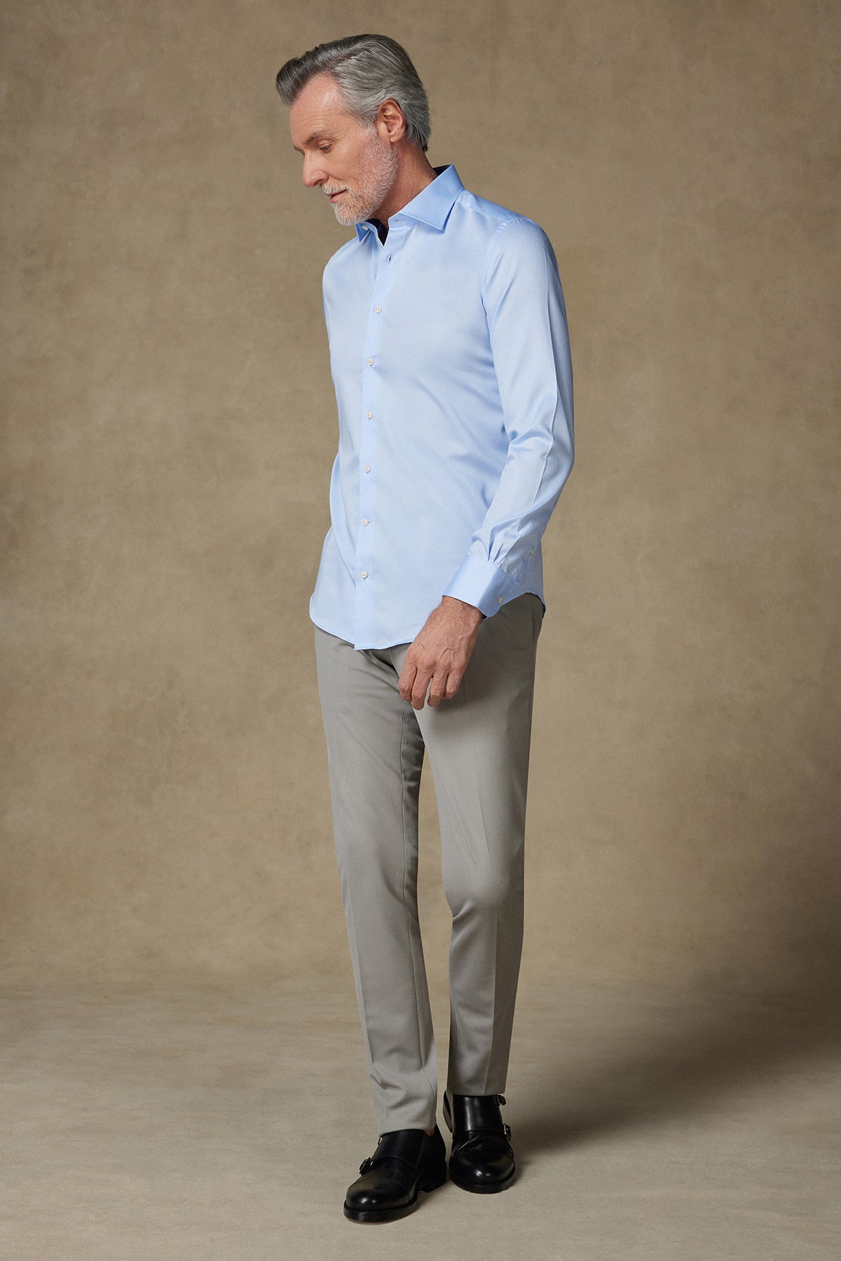 Abbate Donatello Saten Pamuklu Slim Fit Açık Mavi Klasik Yaka Erkek Düz Gömlek