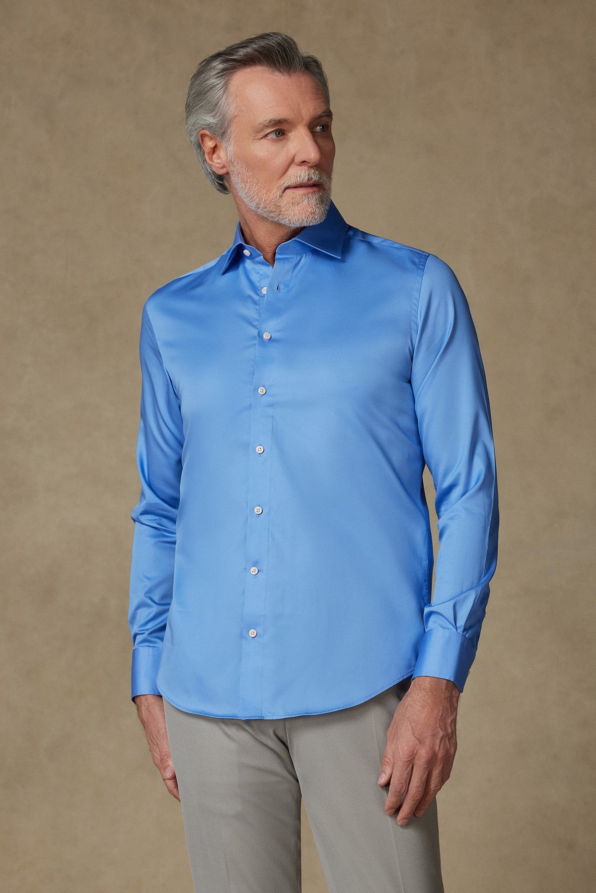 Abbate Donatello Saten Pamuklu Slim Fit Koyu Mavi Klasik Yaka Erkek Düz Gömlek