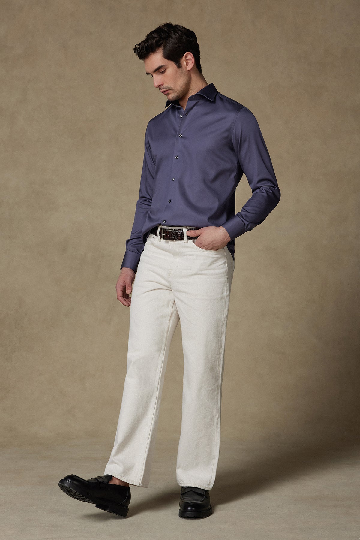 Abbate Donatello Saten Pamuklu Slim Fit Antrasit Klasik Yaka Erkek Düz Gömlek