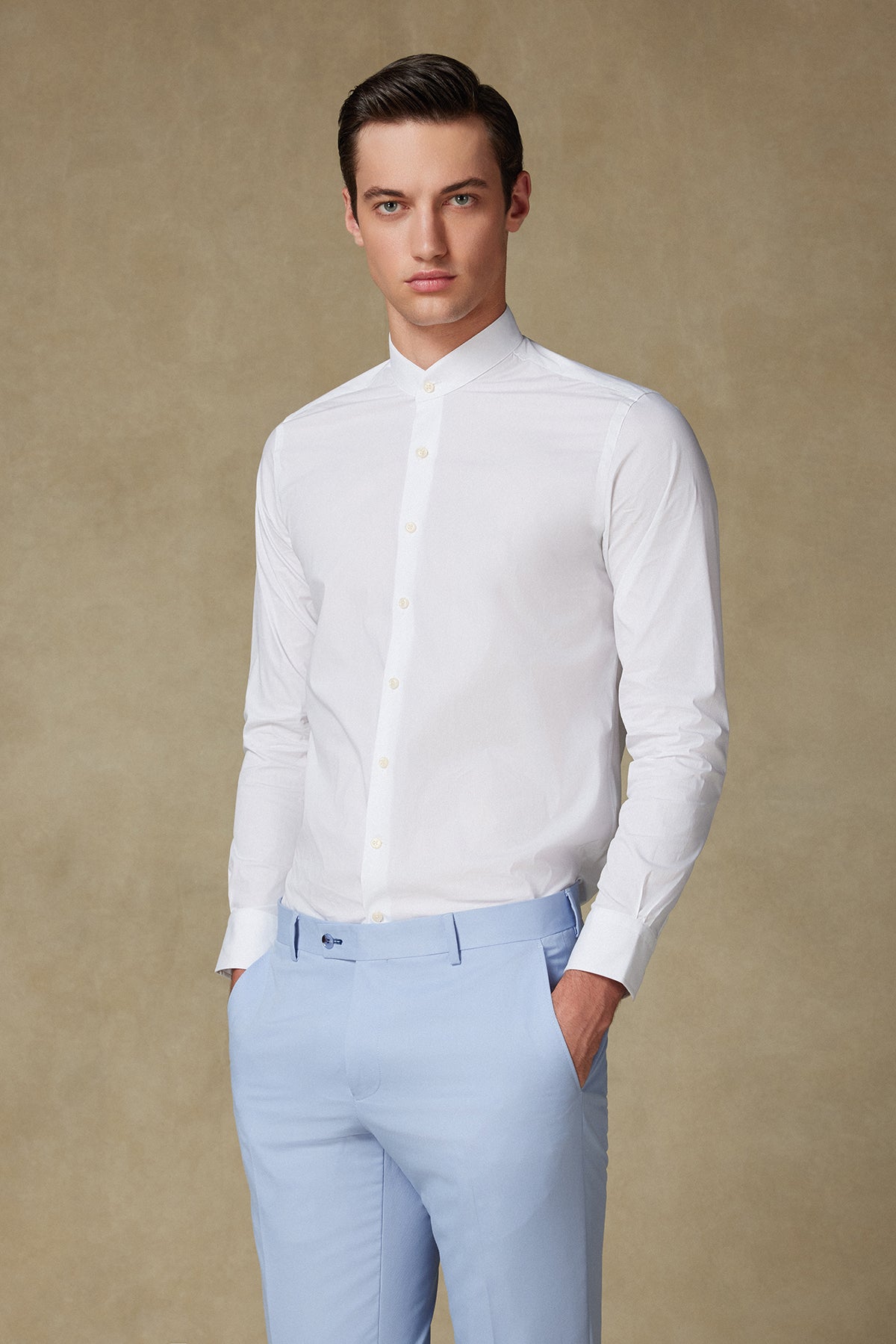 Abbate Mao Poplin Stretch Pamuk Karışımlı Slim Fit Beyaz Hakim Yaka Erkek Düz Gömlek