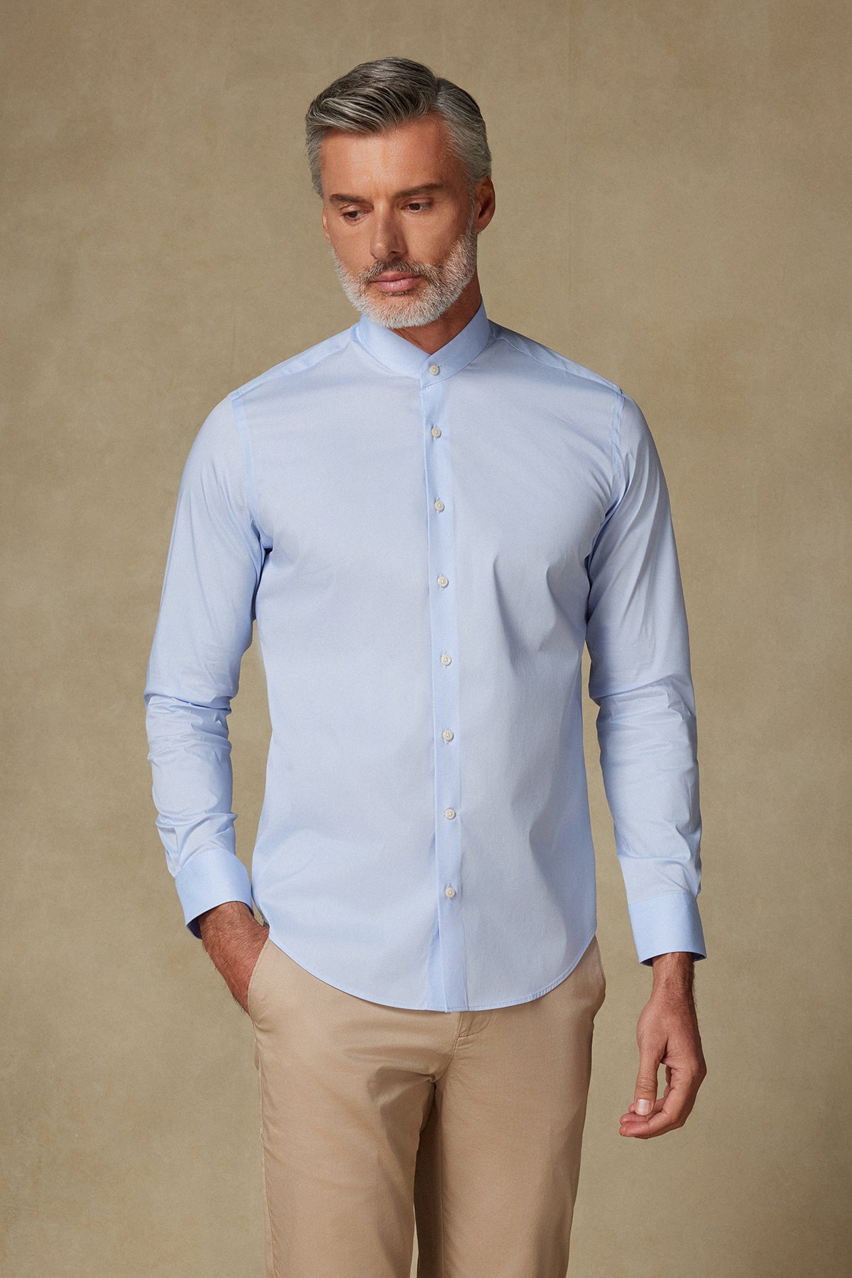 Abbate Mao Poplin Stretch Pamuk Karışımlı Slim Fit Açık Mavi Hakim Yaka Erkek Düz Gömlek