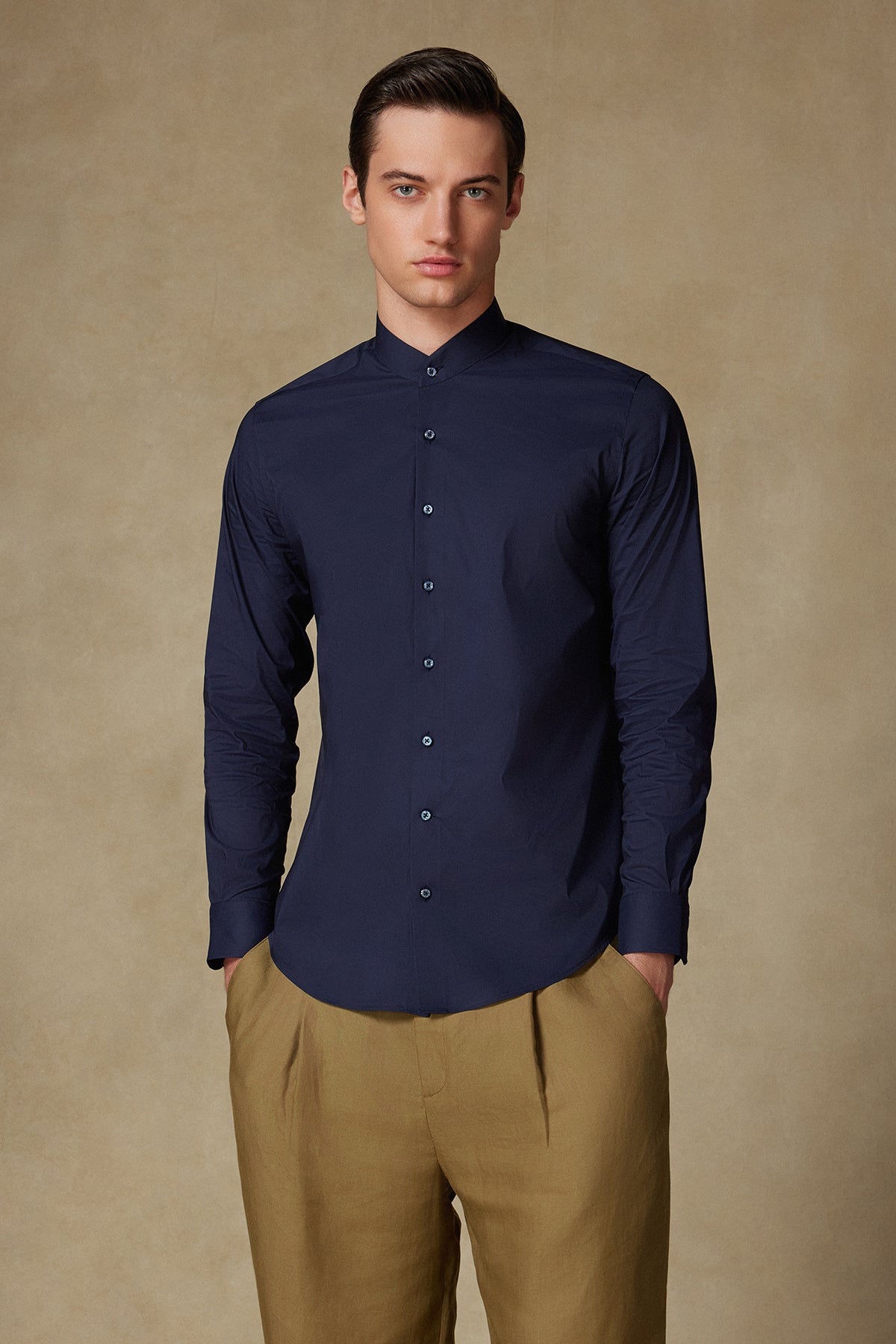 Abbate Mao Poplin Stretch Pamuk Karışımlı Slim Fit Lacivert Hakim Yaka Erkek Düz Gömlek