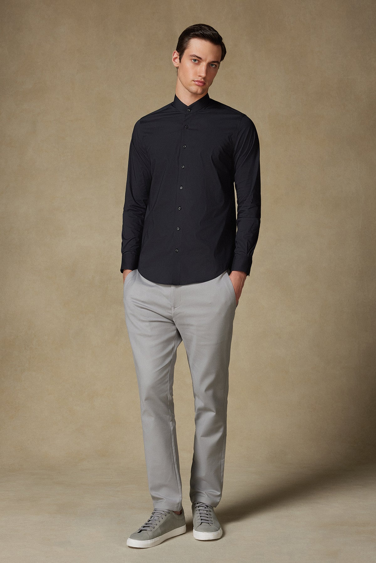 Abbate Mao Poplin Stretch Pamuk Karışımlı Slim Fit Siyah Hakim Yaka Erkek Düz Gömlek