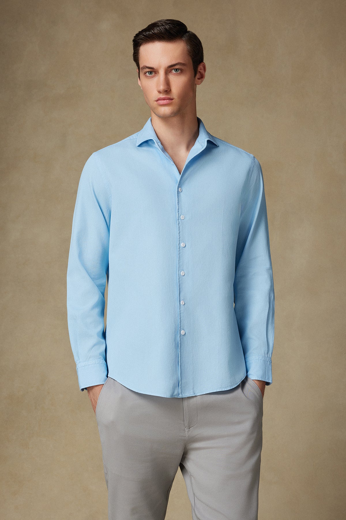 Abbate Antonio Armür Pamuklu Comfort Fit Açık Mavi Mostra Yaka Erkek Düz Gömlek