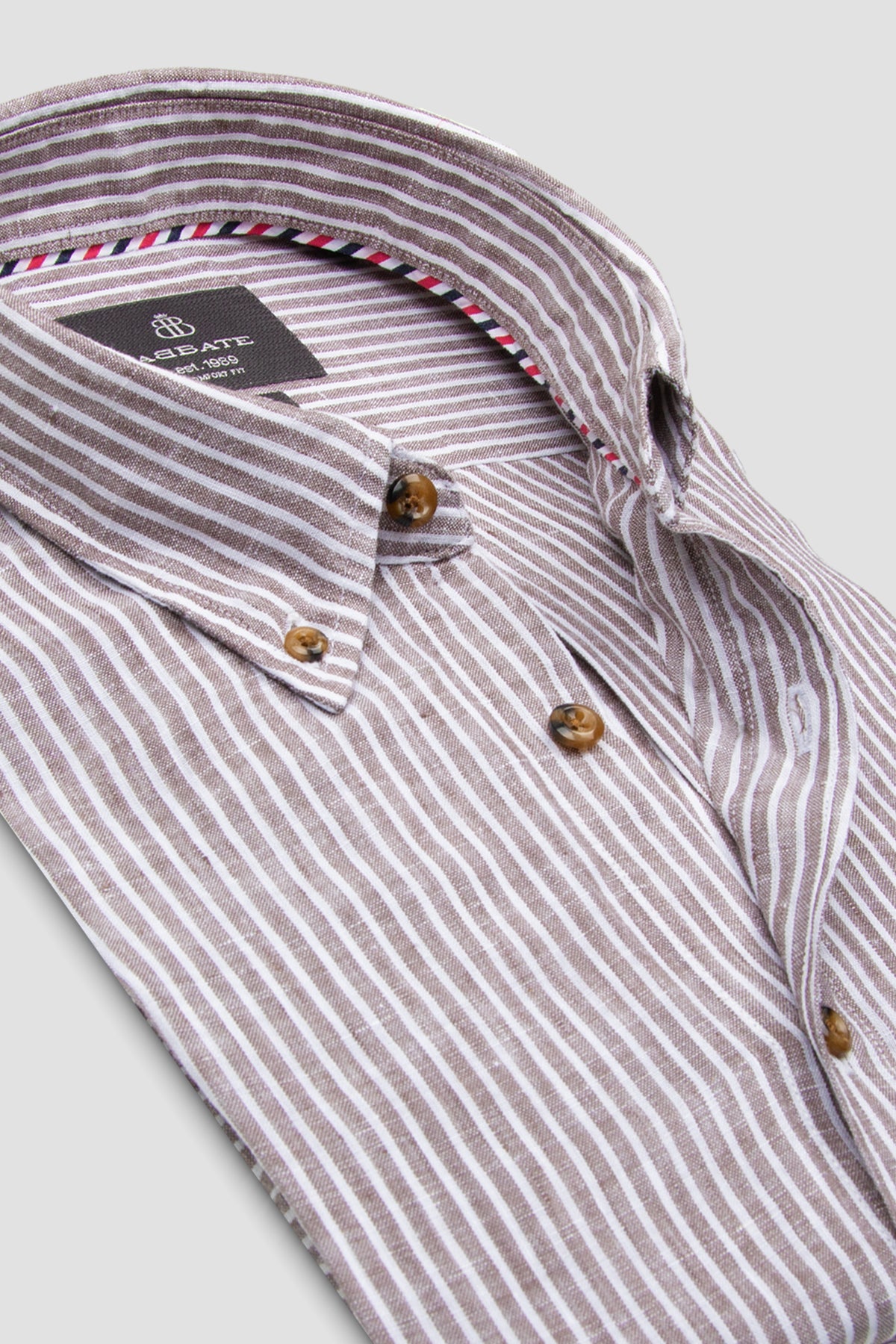 Abbate Sorento Keten Keten Comfort Fit Kahverengi Düğmeli Yaka Erkek Çizgili Gömlek