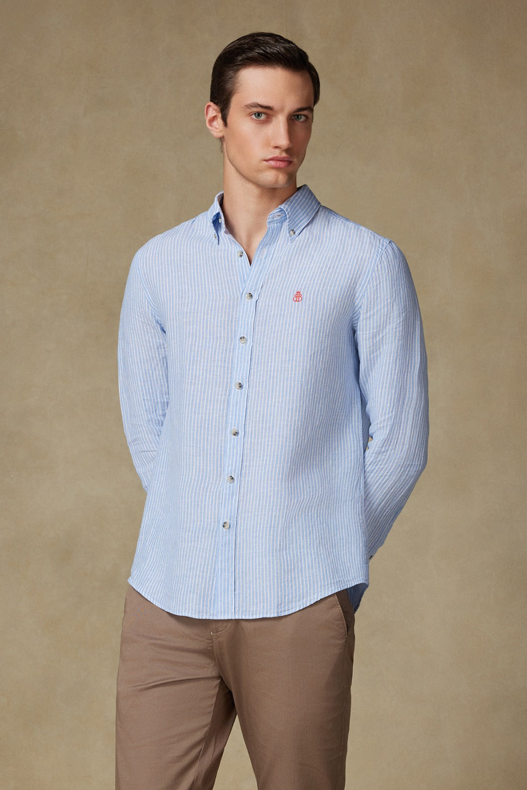 Abbate Sorento Keten Keten Comfort Fit Açık Mavi Düğmeli Yaka Erkek Çizgili Gömlek
