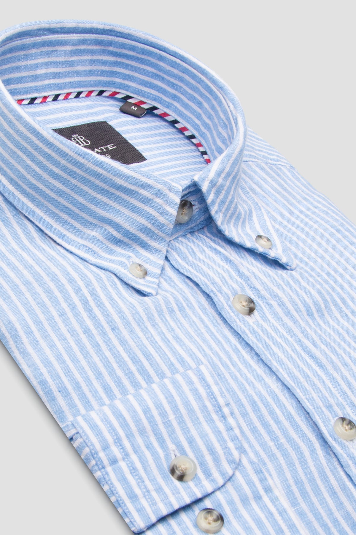 Abbate Sorento Keten Keten Comfort Fit Açık Mavi Düğmeli Yaka Erkek Çizgili Gömlek