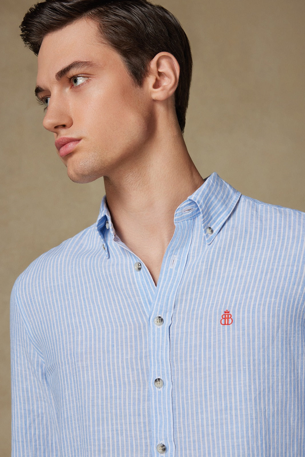 Abbate Sorento Keten Keten Comfort Fit Açık Mavi Düğmeli Yaka Erkek Çizgili Gömlek