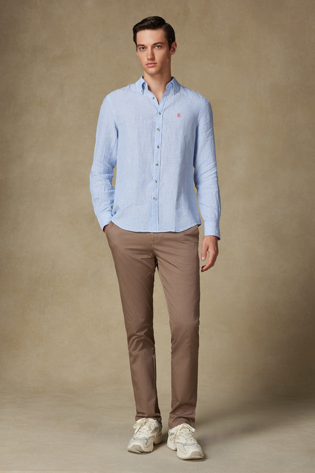 Abbate Sorento Keten Keten Comfort Fit Açık Mavi Düğmeli Yaka Erkek Çizgili Gömlek