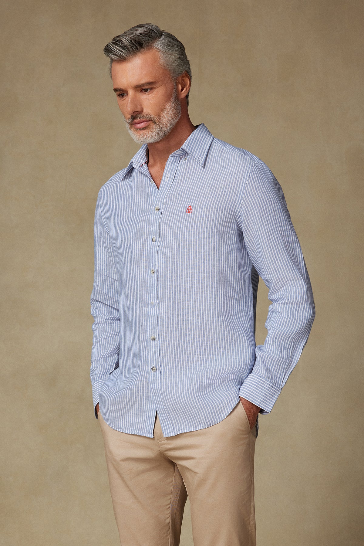 Abbate Sorento Keten Keten Comfort Fit Koyu Mavi Düğmeli Yaka Erkek Çizgili Gömlek