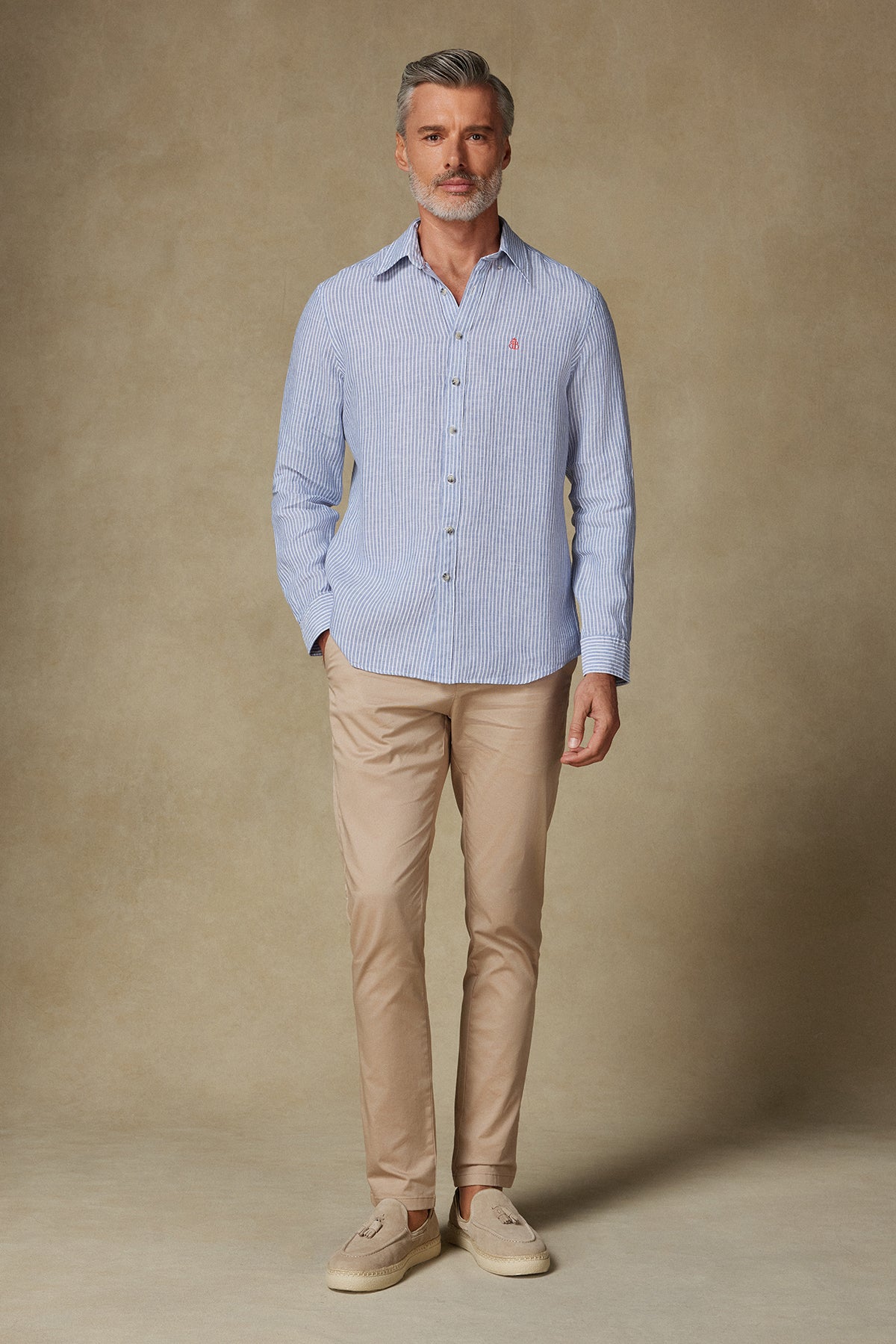 Abbate Sorento Keten Keten Comfort Fit Koyu Mavi Düğmeli Yaka Erkek Çizgili Gömlek