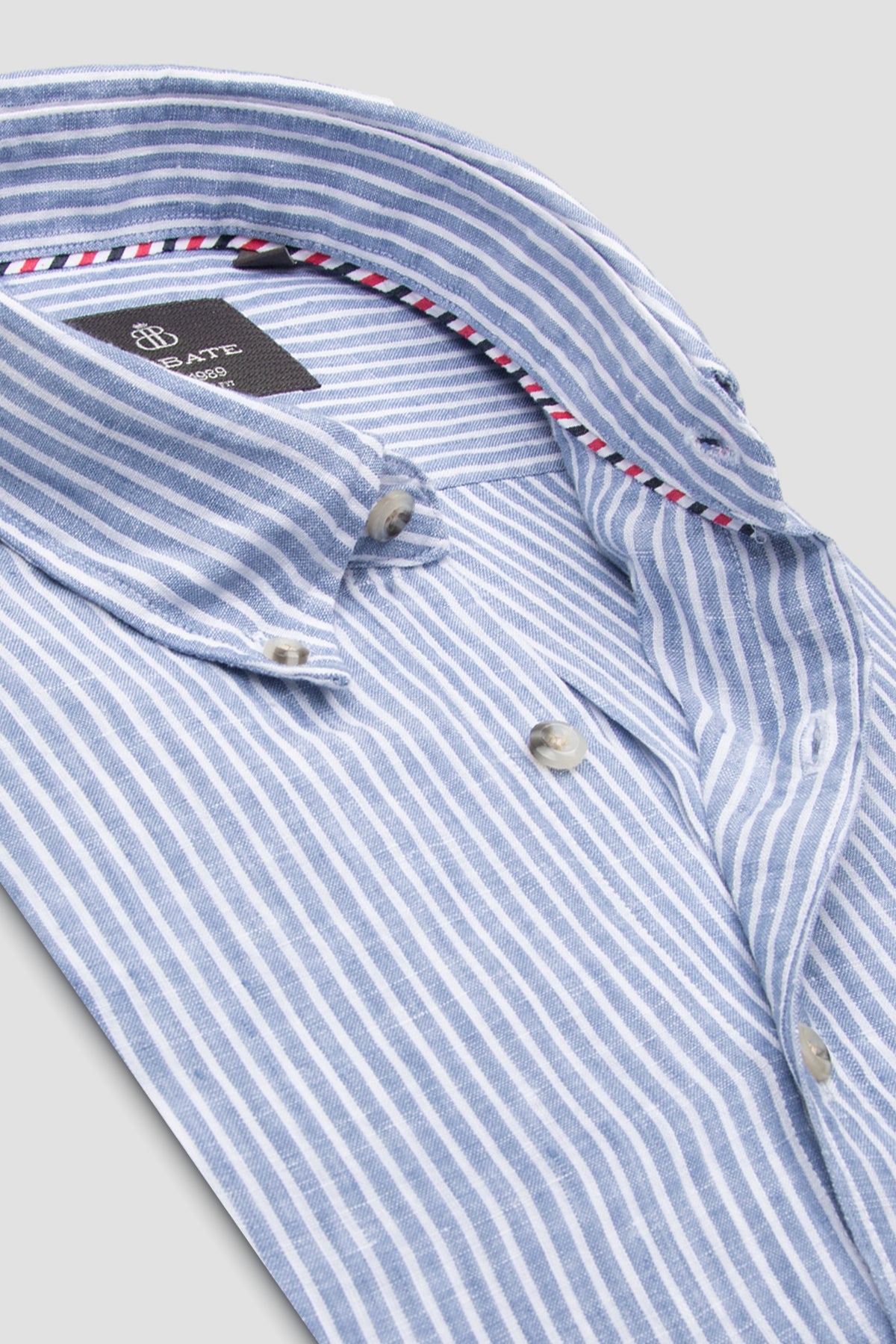 Abbate Sorento Keten Keten Comfort Fit Koyu Mavi Düğmeli Yaka Erkek Çizgili Gömlek