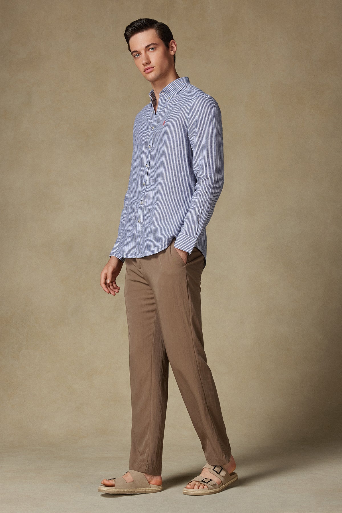 Abbate Sorento Keten Keten Comfort Fit Lacivert Düğmeli Yaka Erkek Çizgili Gömlek