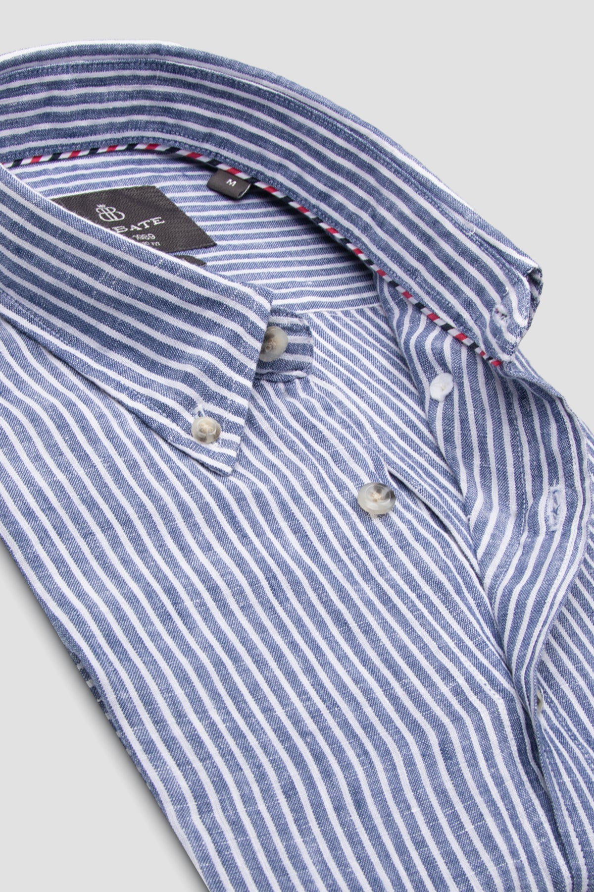 Abbate Sorento Keten Keten Comfort Fit Lacivert Düğmeli Yaka Erkek Çizgili Gömlek