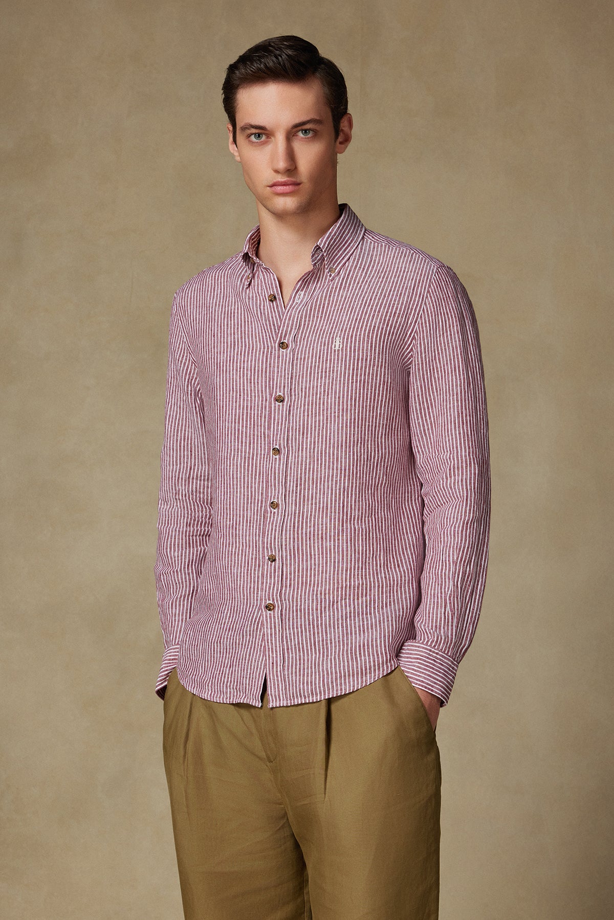 Abbate Sorento Keten Keten Comfort Fit Kırmızı Düğmeli Yaka Erkek Çizgili Gömlek