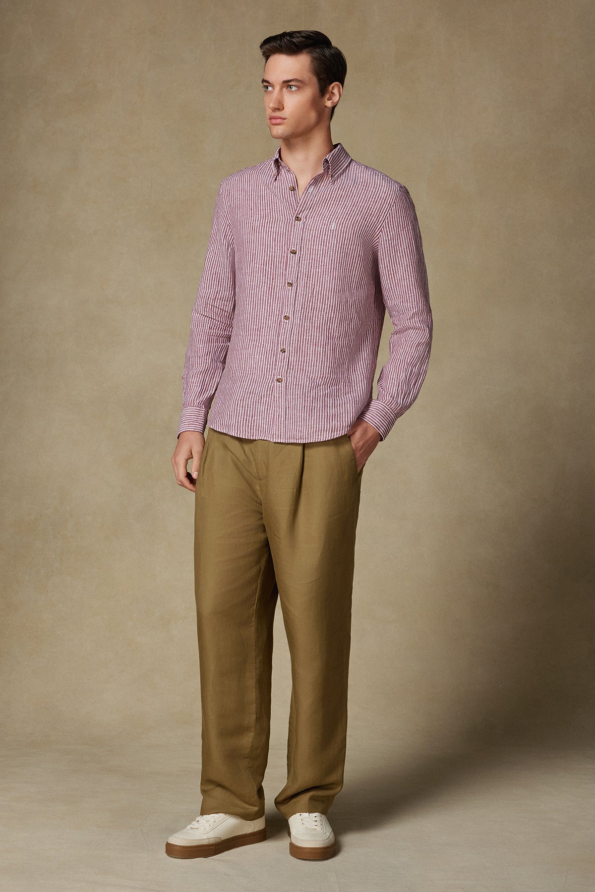 Abbate Sorento Keten Keten Comfort Fit Kırmızı Düğmeli Yaka Erkek Çizgili Gömlek