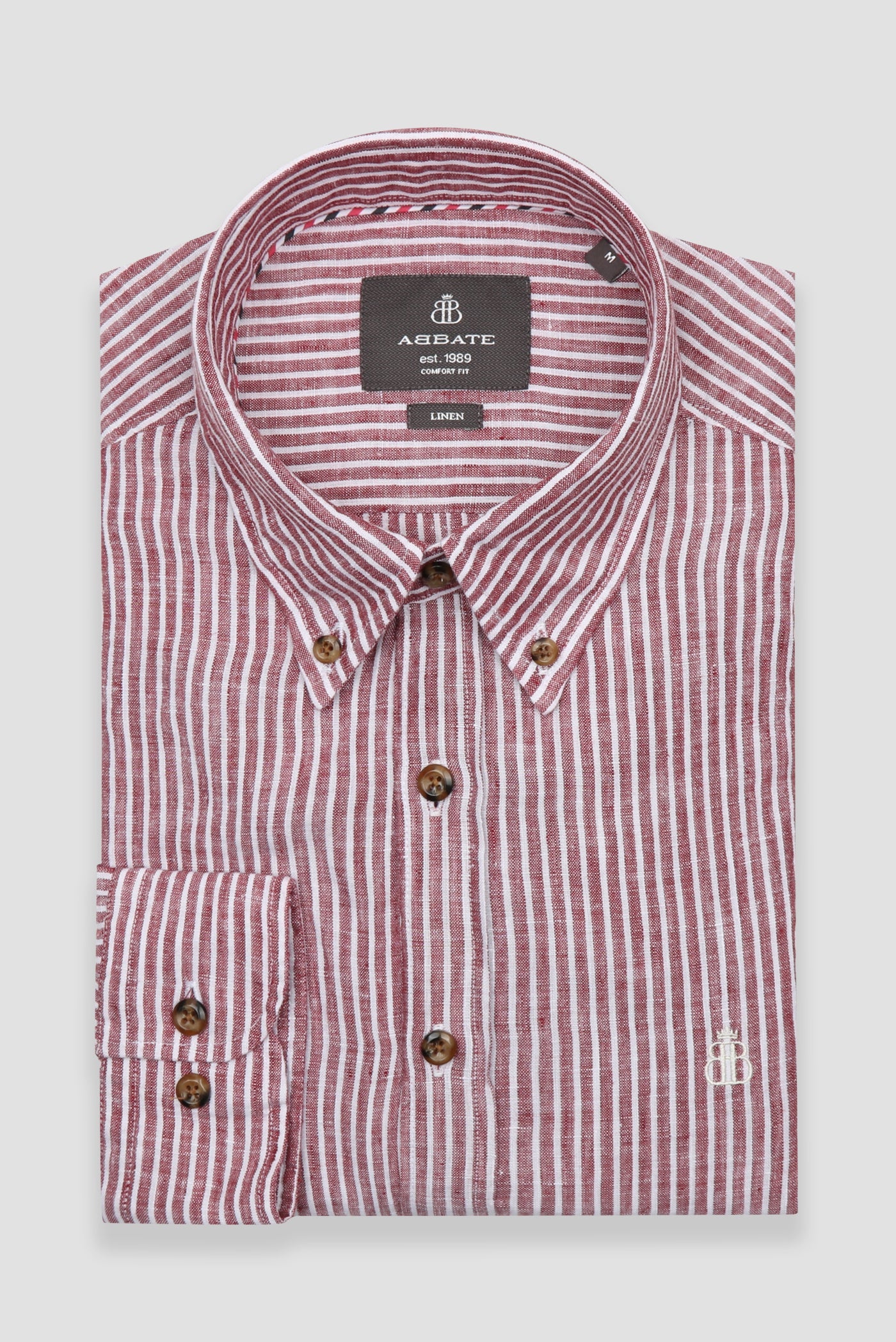 Abbate Sorento Keten Keten Comfort Fit Kırmızı Düğmeli Yaka Erkek Çizgili Gömlek