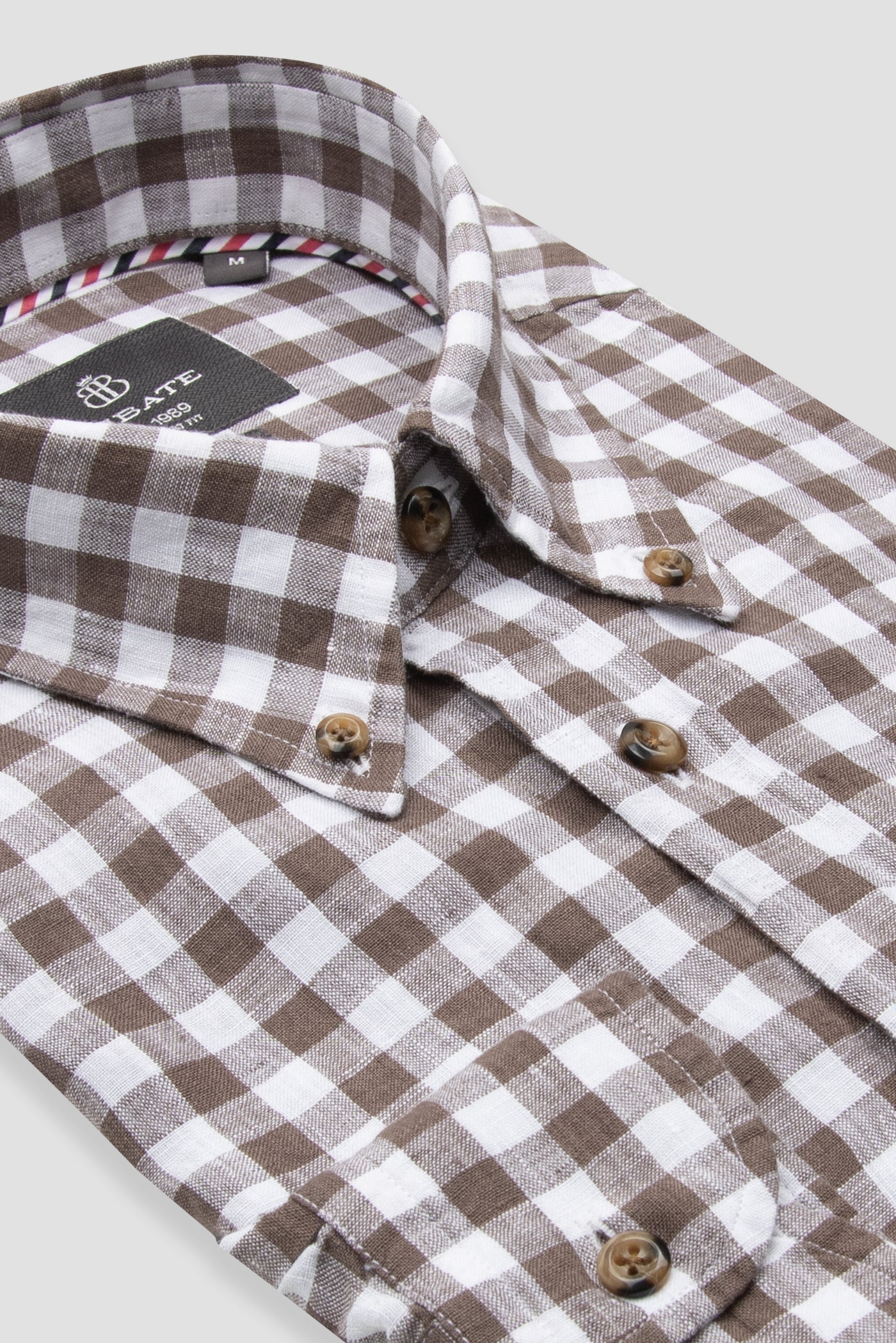 Abbate Sorento Keten Keten Comfort Fit Kahverengi Düğmeli Yaka Erkek Kareli Gömlek