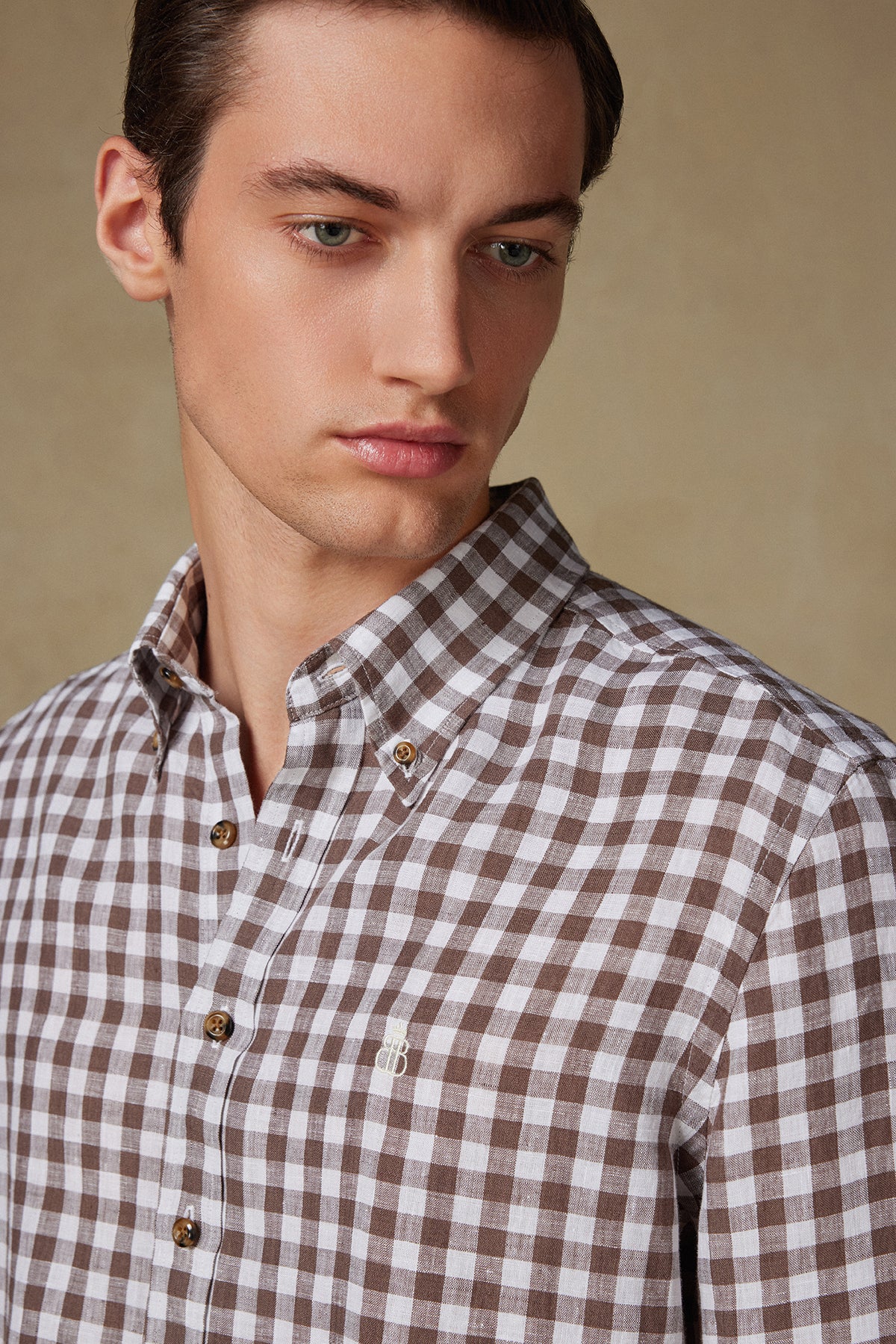 Abbate Sorento Keten Keten Comfort Fit Kahverengi Düğmeli Yaka Erkek Kareli Gömlek