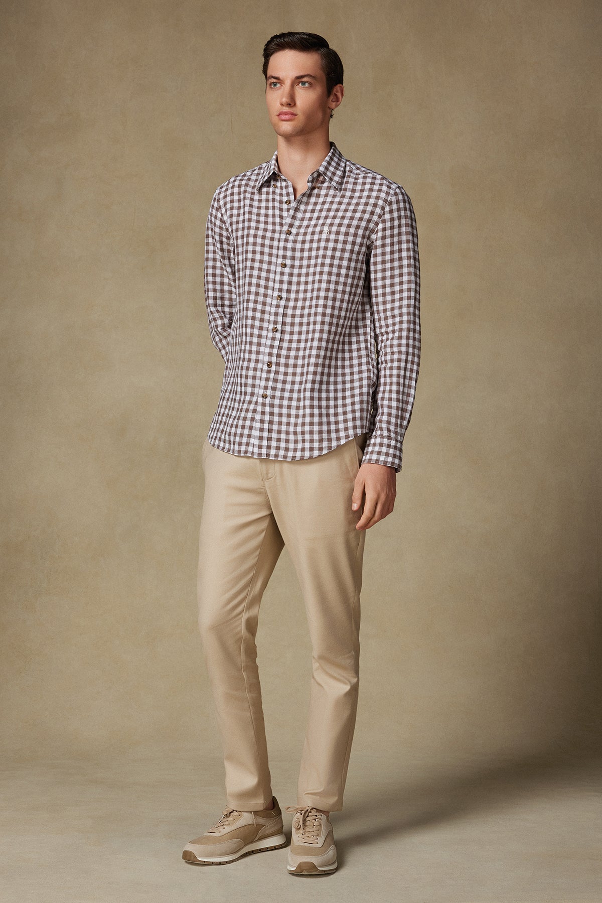 Abbate Sorento Keten Keten Comfort Fit Kahverengi Düğmeli Yaka Erkek Kareli Gömlek