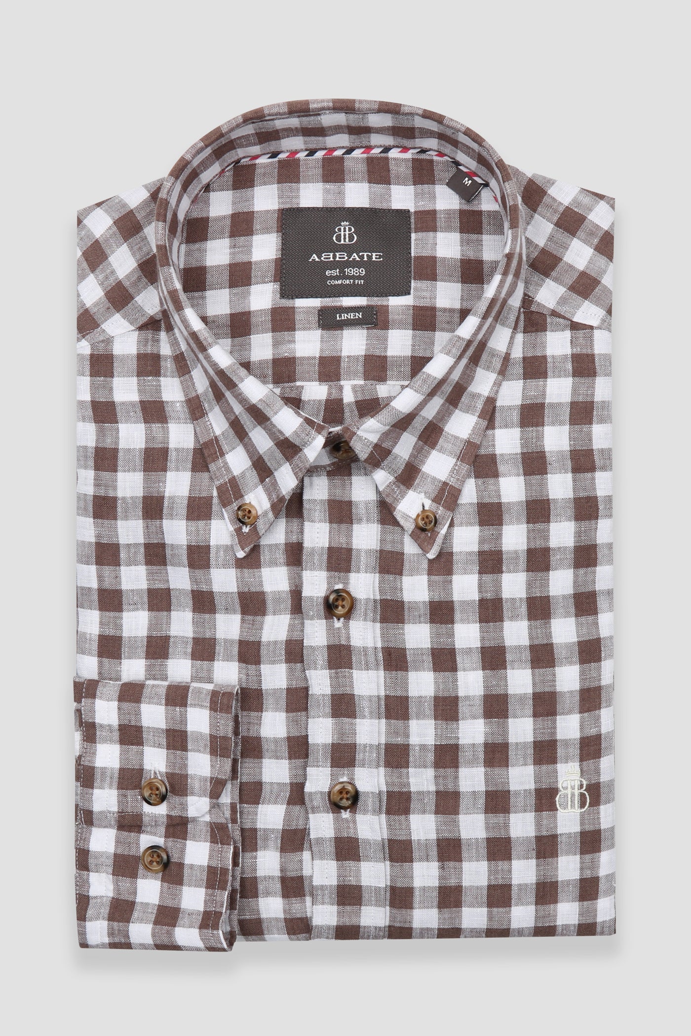 Abbate Sorento Keten Keten Comfort Fit Kahverengi Düğmeli Yaka Erkek Kareli Gömlek