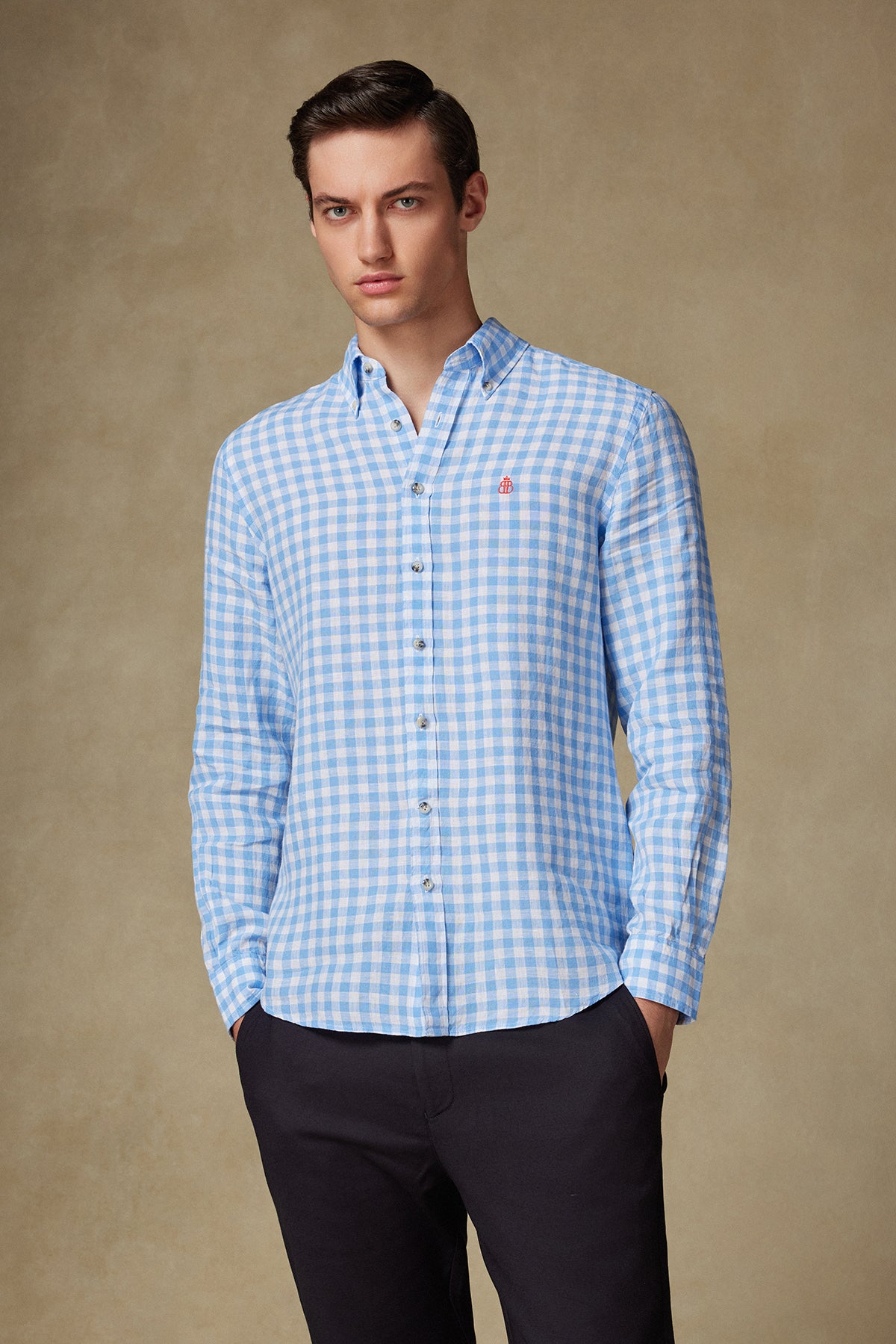 Abbate Sorento Keten Keten Comfort Fit Açık Mavi Düğmeli Yaka Erkek Kareli Gömlek