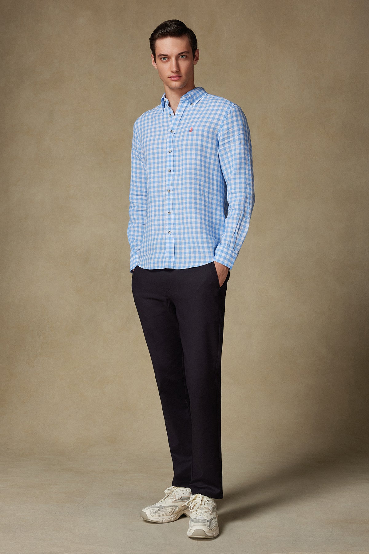 Abbate Sorento Keten Keten Comfort Fit Açık Mavi Düğmeli Yaka Erkek Kareli Gömlek