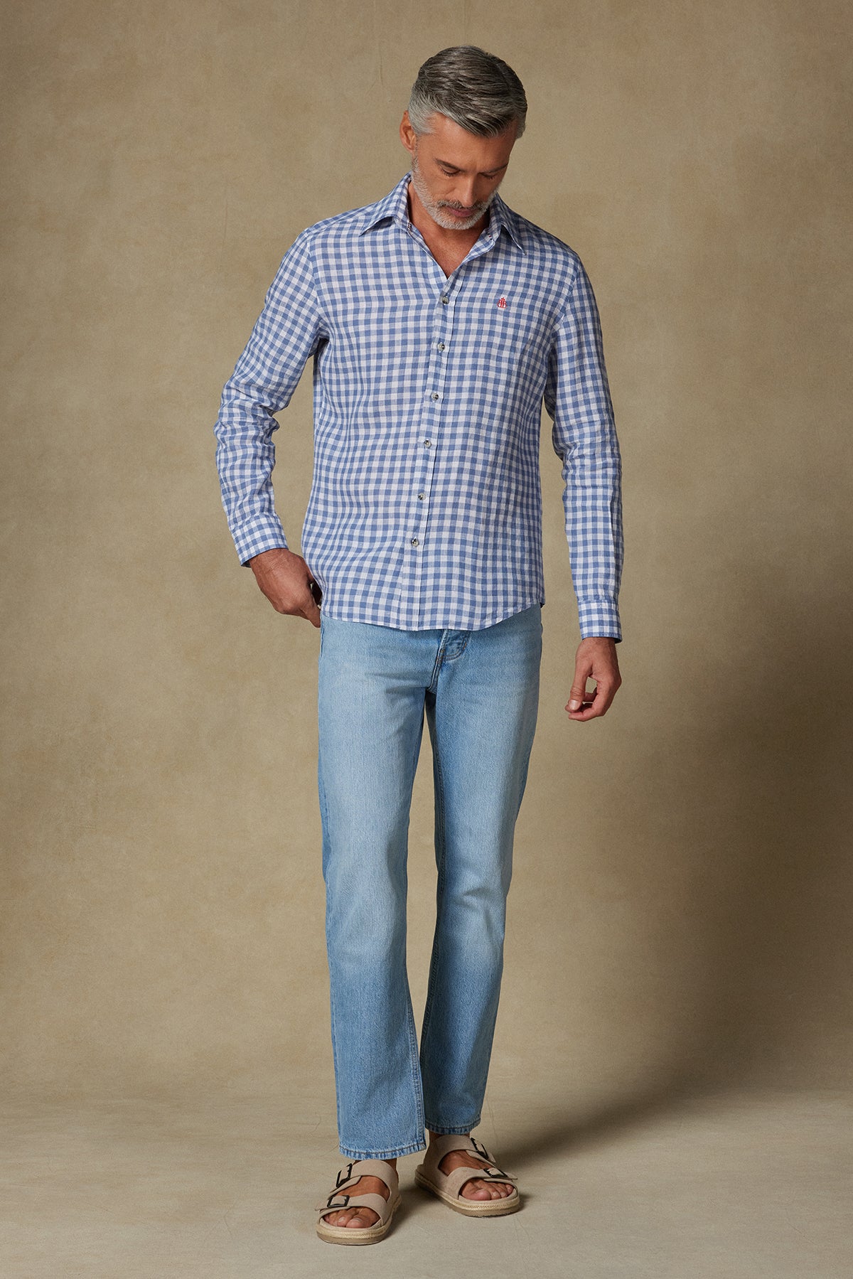 Abbate Sorento Keten Keten Comfort Fit Koyu Mavi Düğmeli Yaka Erkek Kareli Gömlek