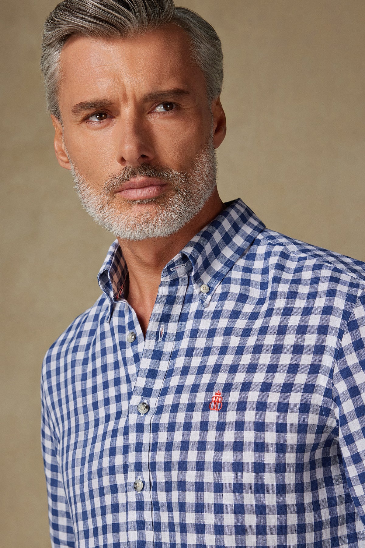 Abbate Sorento Keten Keten Comfort Fit Lacivert Düğmeli Yaka Erkek Kareli Gömlek